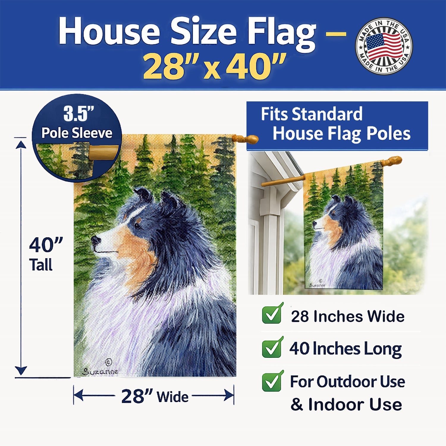 Sheltie House Flag 28x40 Porch Sleeve Pole Decorative Outside Yard Banner Artwork Wall Hanging, Polyester
