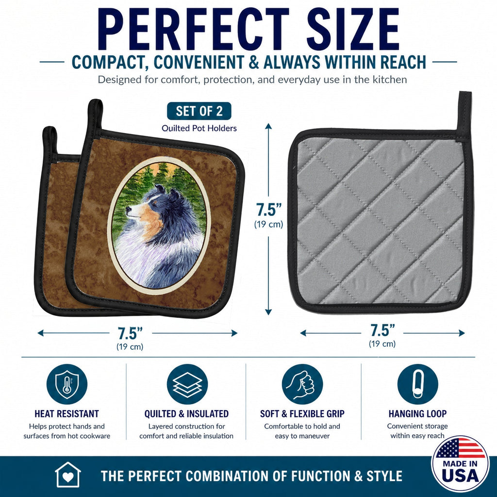 Sheltie Pot Holder Set of 2 Heat Resistant Quilted Hot Pads 7.5 x 7.5 Inch, Insulated Kitchen Trivets for Cooking & Baking