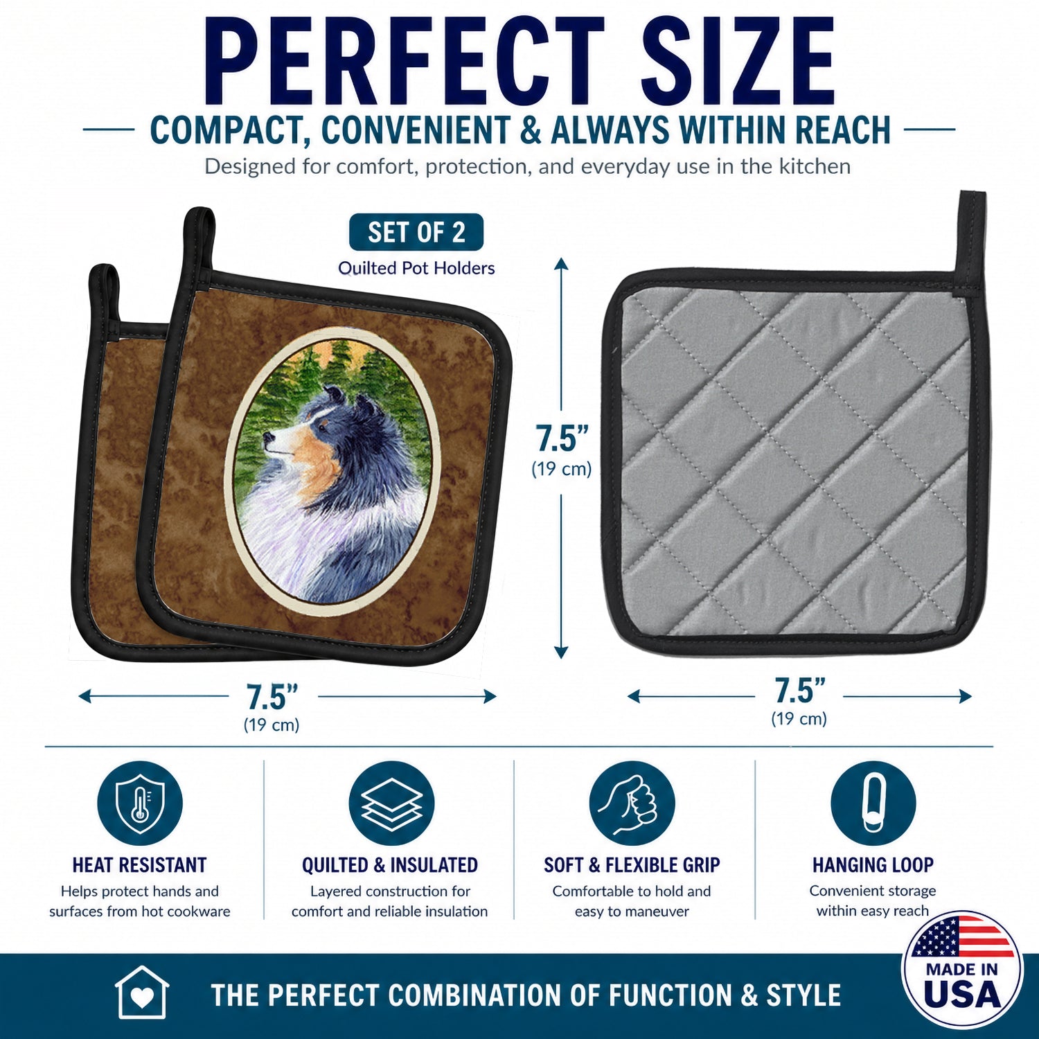 Sheltie Pot Holder Set of 2 Heat Resistant Quilted Hot Pads 7.5 x 7.5 Inch, Insulated Kitchen Trivets for Cooking & Baking