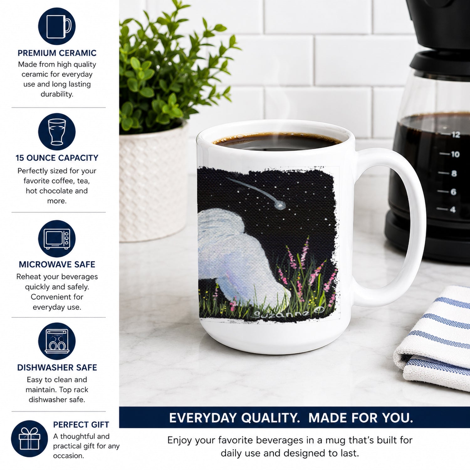 Bichon Frise Ceramic Coffee Mug 15 oz Decorative Large C Handle Mug Cup for Tea, Cocoa Hot Chocolate