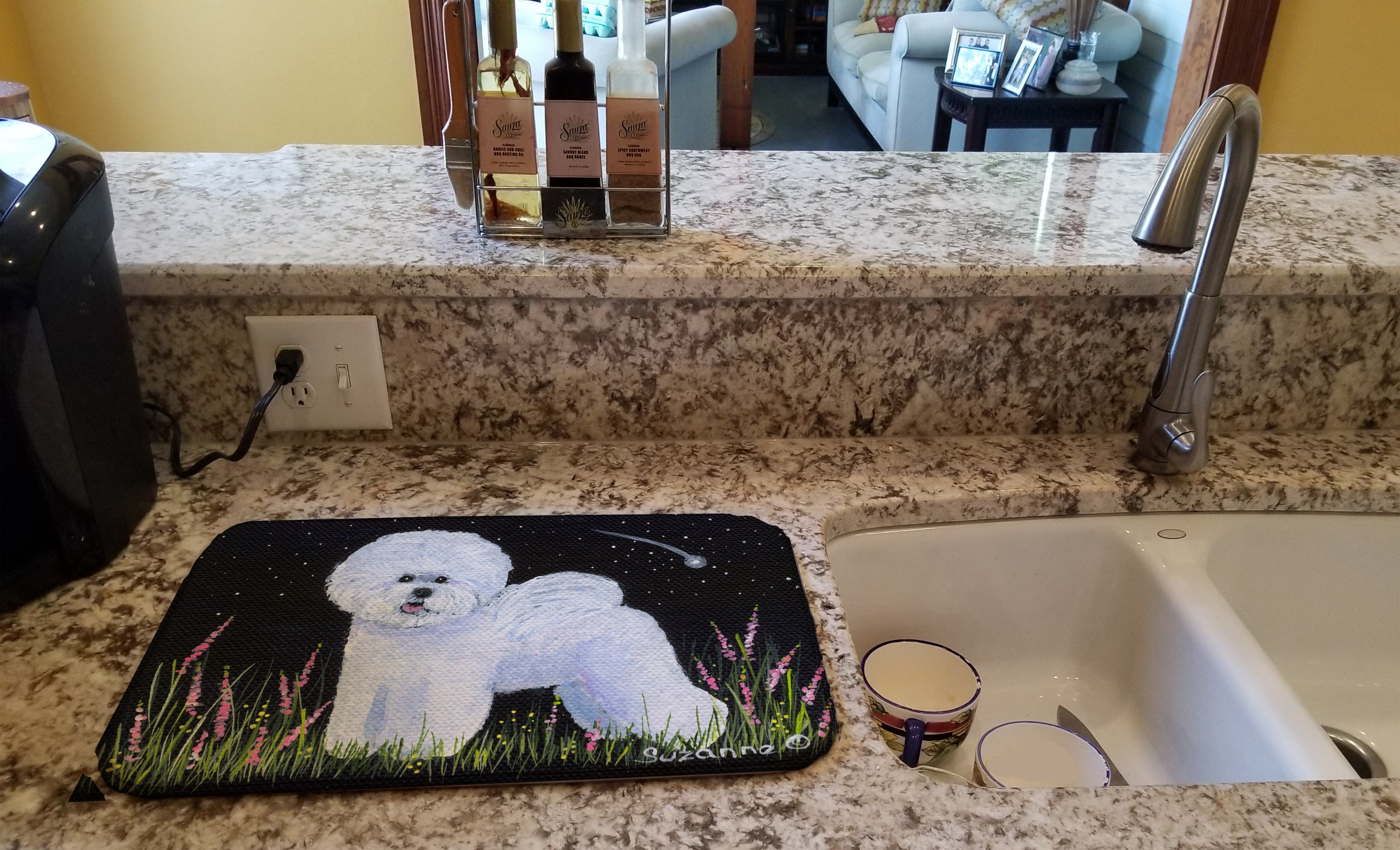 Bichon Frise Dish Drying Mat Absorbent Dish Drying Mat Pad for Kitchen Counter Dish Drainer Mat for Countertop, 14 x 21", Multicolor