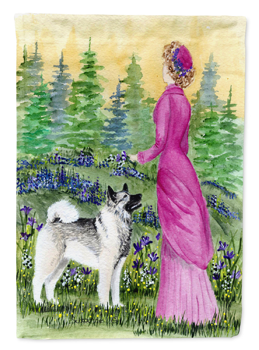 Lady with her Norwegian Elkhound House Flag 28x40 Porch Sleeve Pole Decorative Outside Yard Banner Artwork Wall Hanging, Polyester