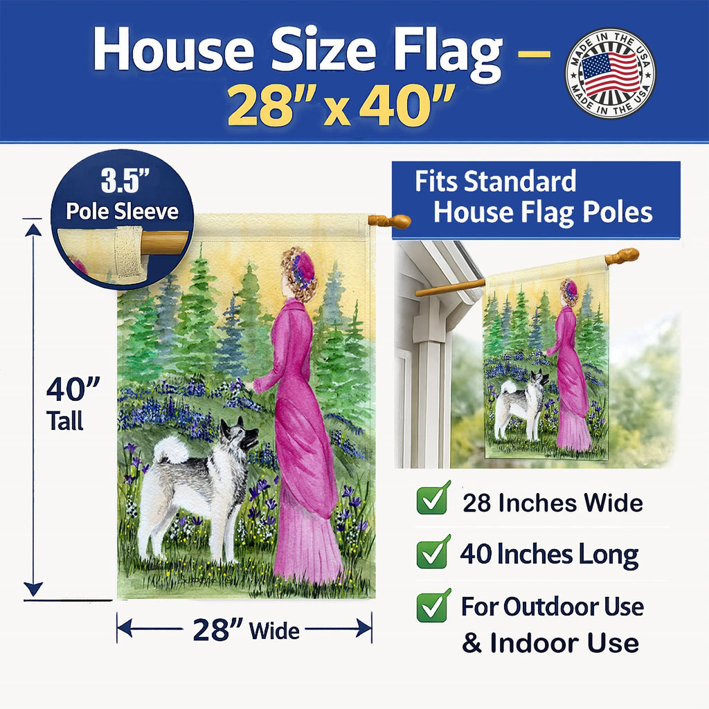 Lady with her Norwegian Elkhound House Flag 28x40 Porch Sleeve Pole Decorative Outside Yard Banner Artwork Wall Hanging, Polyester