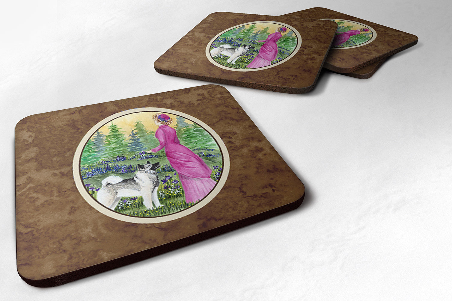 Lady with her Norwegian Elkhound Foam Coasters Set of 4 Cup Coasters for Indoor Outdoor, Tabletop Protection, Anti Slip, Mouse pad Material
