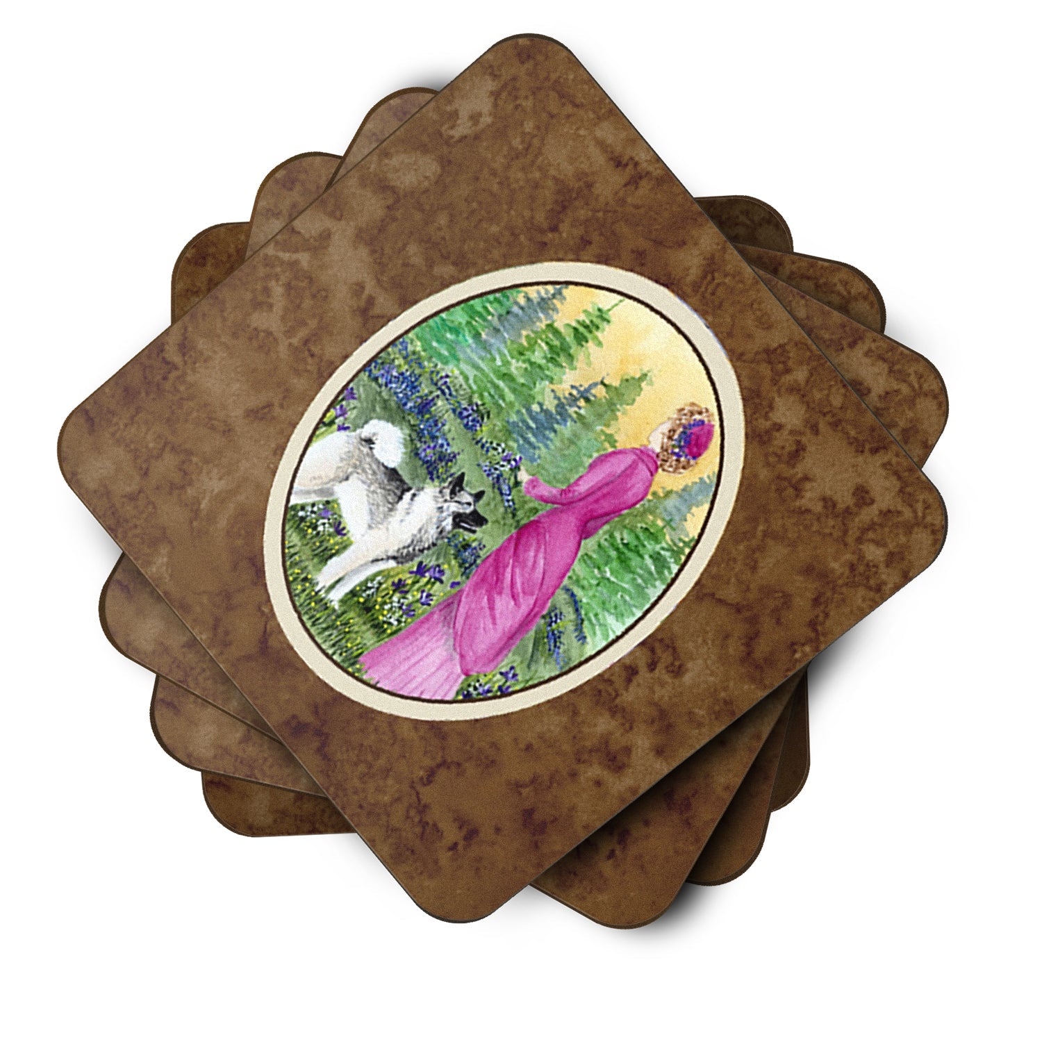 Lady with her Norwegian Elkhound Foam Coasters Set of 4 Cup Coasters for Indoor Outdoor, Tabletop Protection, Anti Slip, Mouse pad Material