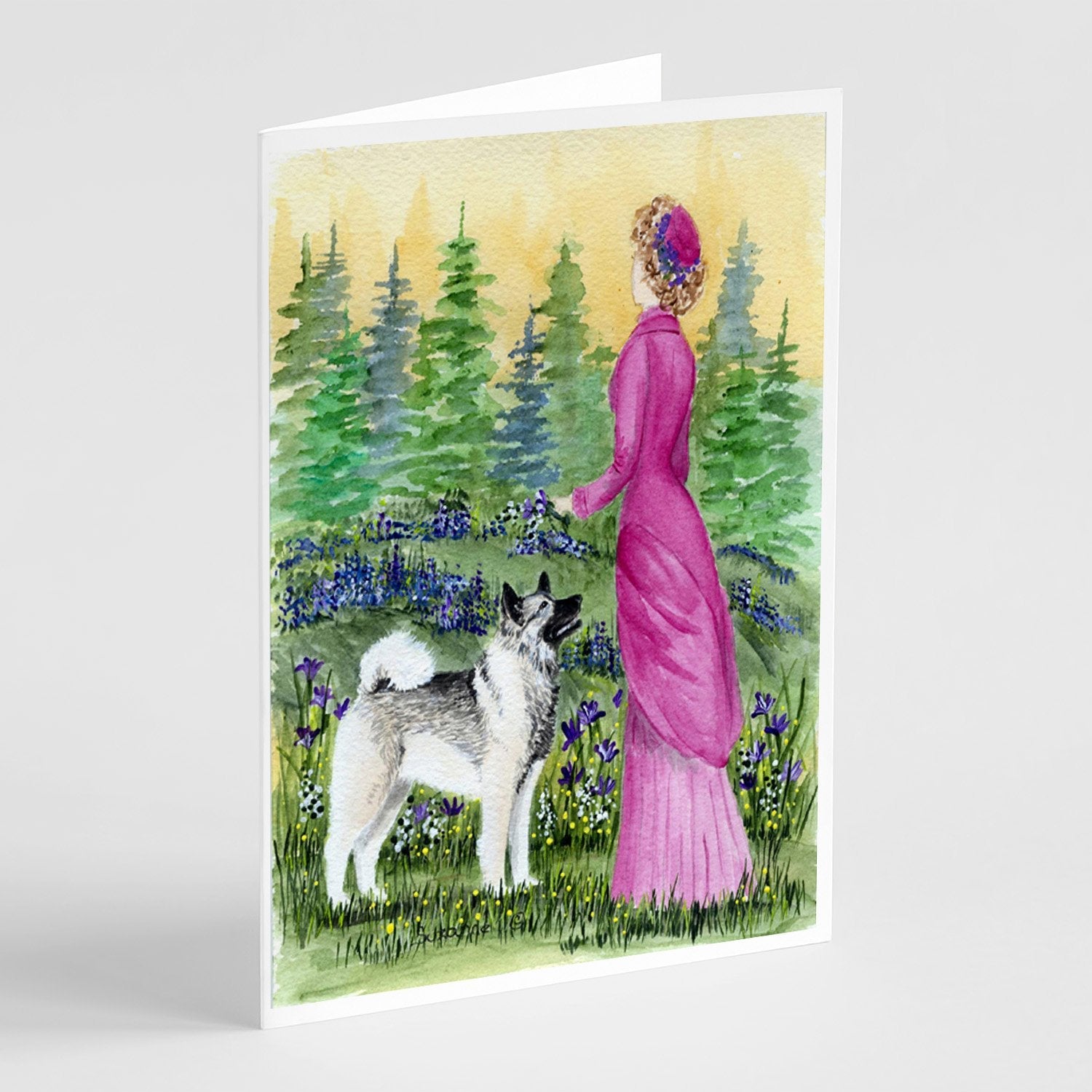 Lady with her Norwegian Elkhound Greeting Cards Pack of 8 Blank Cards with Envelopes Whimsical A7 Size 5x7