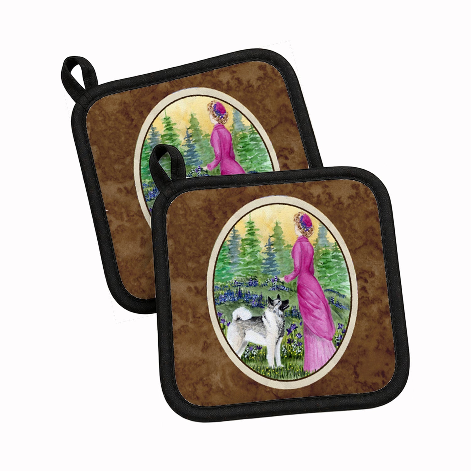 Lady with her Norwegian Elkhound Pot Holder Set of 2 Heat Resistant Quilted Hot Pads 7.5 x 7.5 Inch, Insulated Kitchen Trivets for Cooking & Baking