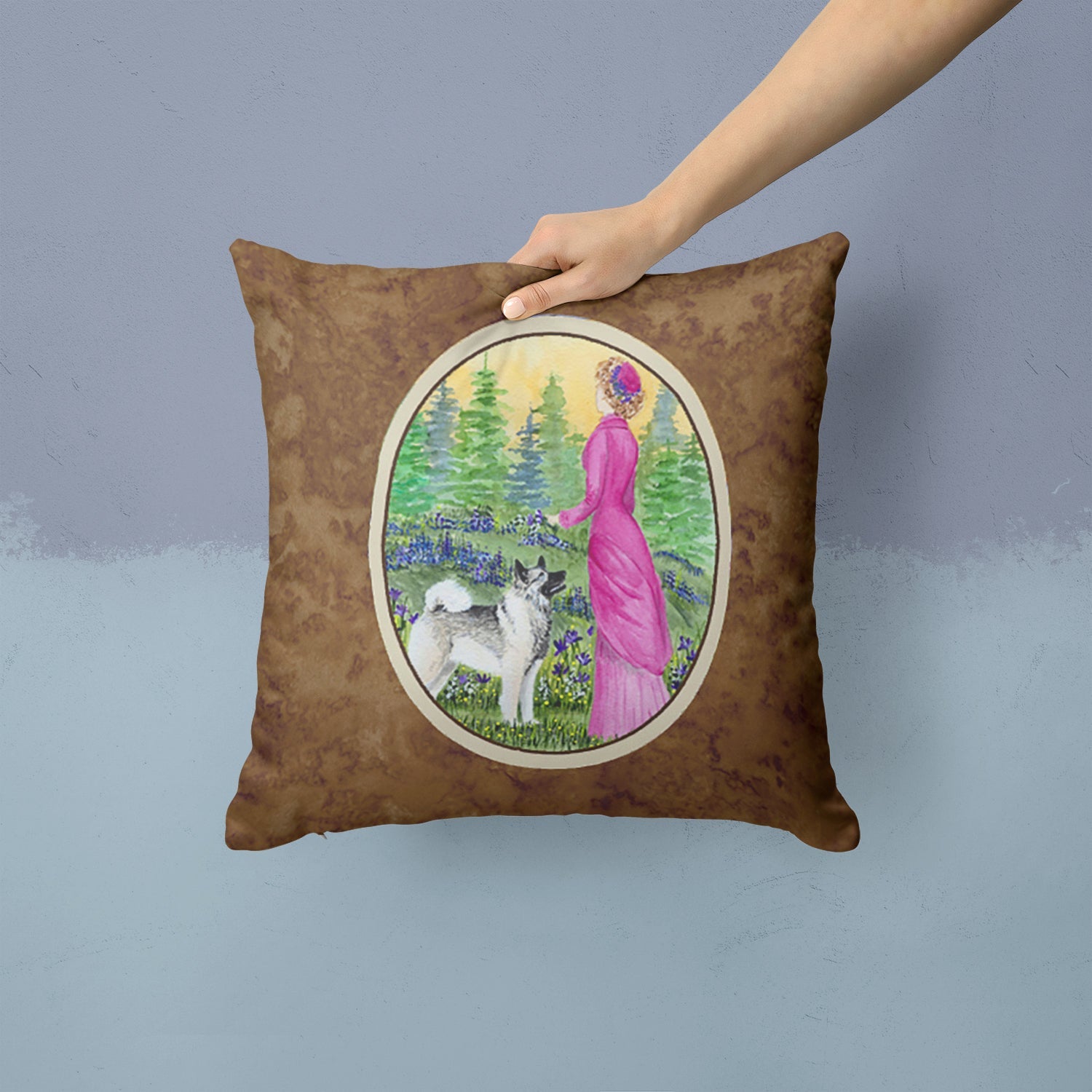 Lady with her Norwegian Elkhound Decorative Throw Pillow 14x14 Indoor Outdoor Accent Cushion, Fabric Cover with Insert for Sofa, Bed, Porch & Living Room