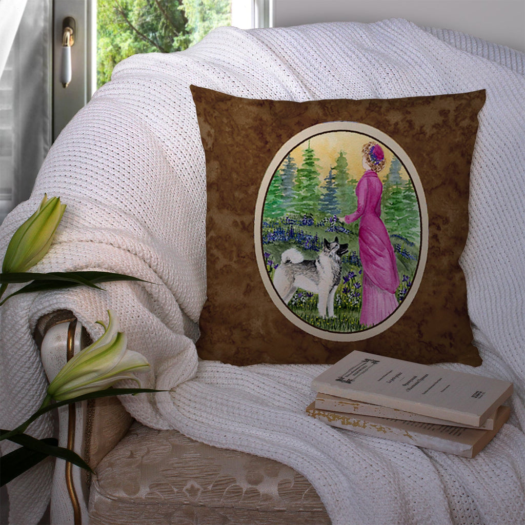 Lady with her Norwegian Elkhound Decorative Throw Pillow 14x14 Indoor Outdoor Accent Cushion, Fabric Cover with Insert for Sofa, Bed, Porch & Living Room