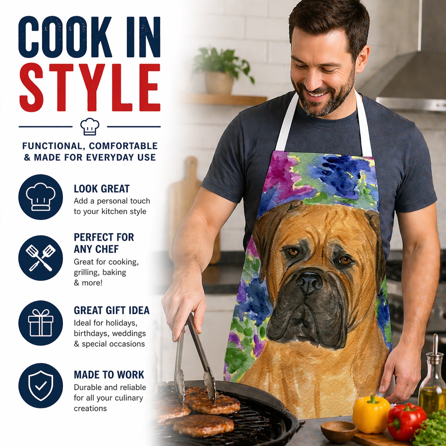 Bullmastiff Apron Cooking Kitchen Server Baking Crafts Gardening for Adult Women Men, Unisex, Large, Multicolor