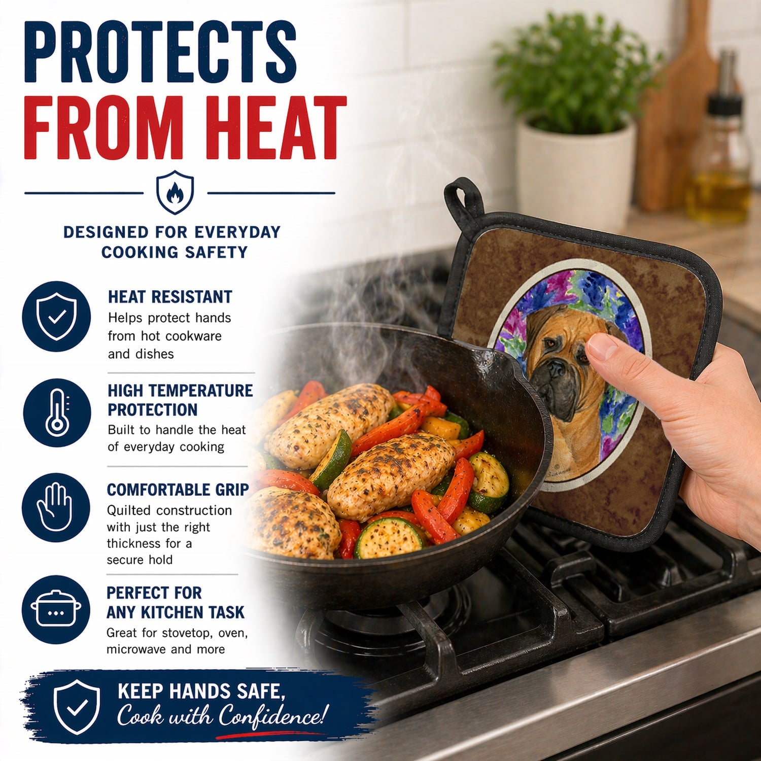 Bullmastiff Pot Holder Set of 2 Heat Resistant Quilted Hot Pads 7.5 x 7.5 Inch, Insulated Kitchen Trivets for Cooking & Baking