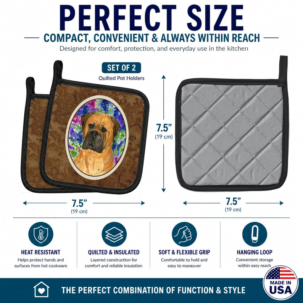 Bullmastiff Pot Holder Set of 2 Heat Resistant Quilted Hot Pads 7.5 x 7.5 Inch, Insulated Kitchen Trivets for Cooking & Baking
