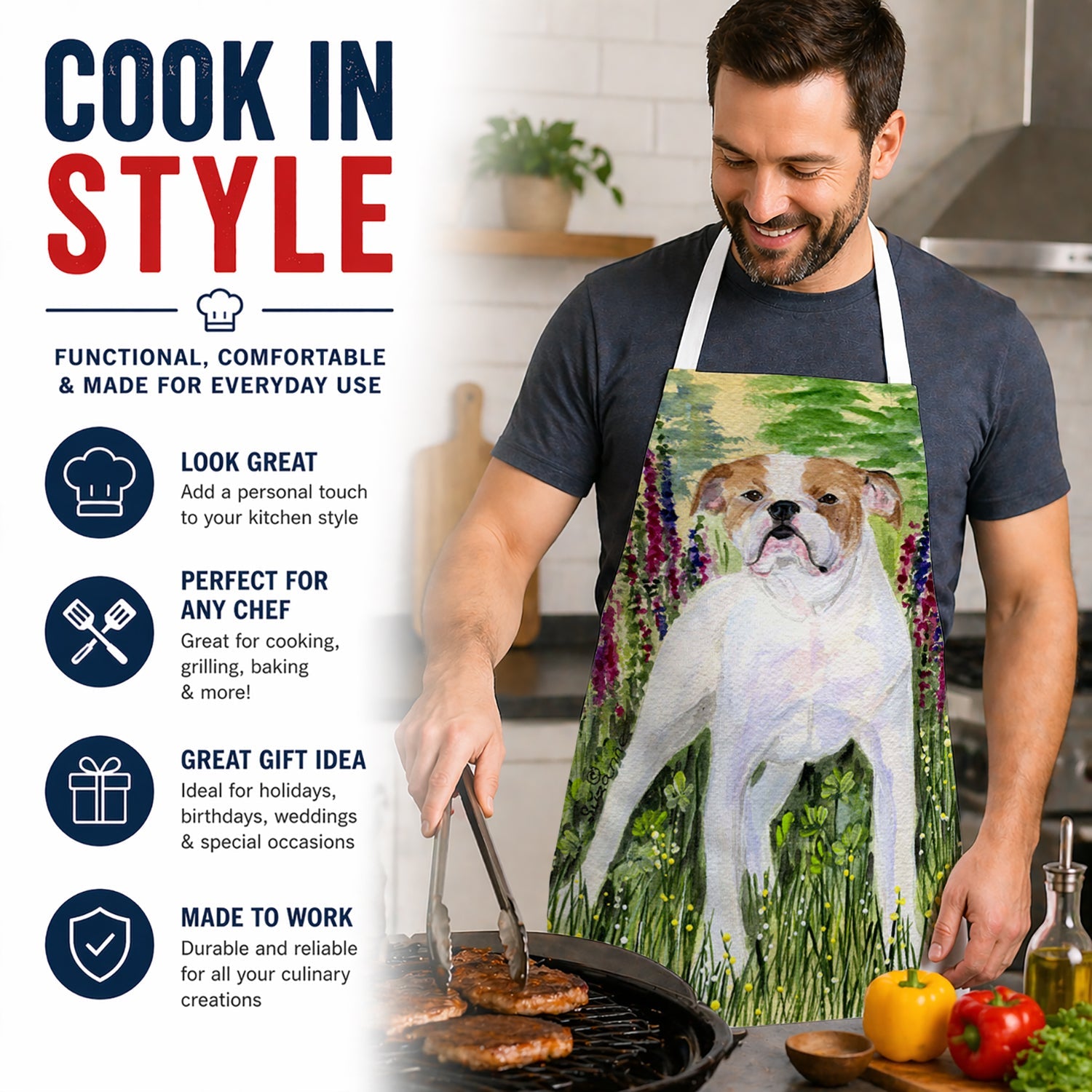 English Bulldog Apron Cooking Kitchen Server Baking Crafts Gardening for Adult Women Men, Unisex, Large, Multicolor