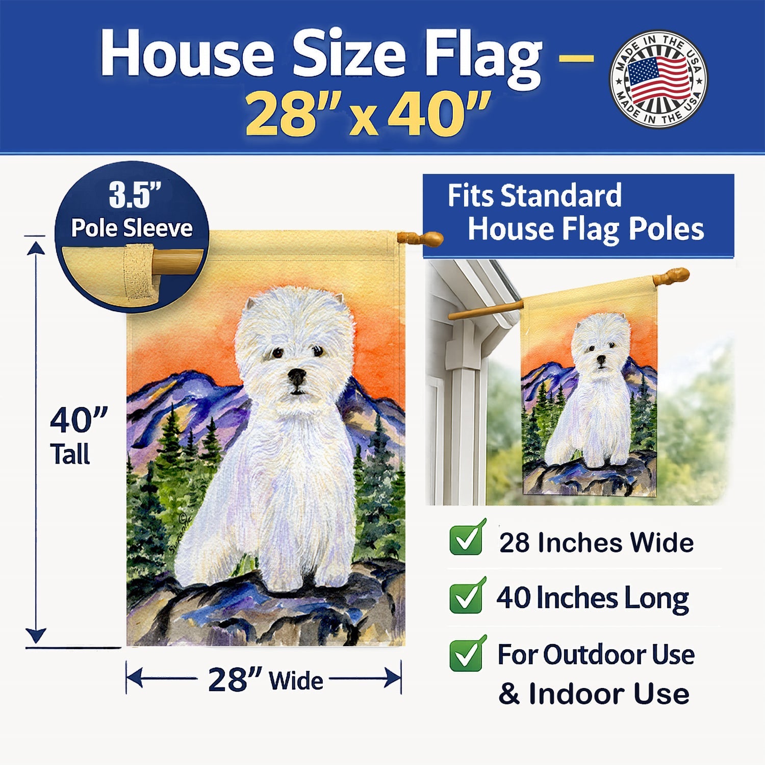 Westie House Flag 28x40 Porch Sleeve Pole Decorative Outside Yard Banner Artwork Wall Hanging, Polyester