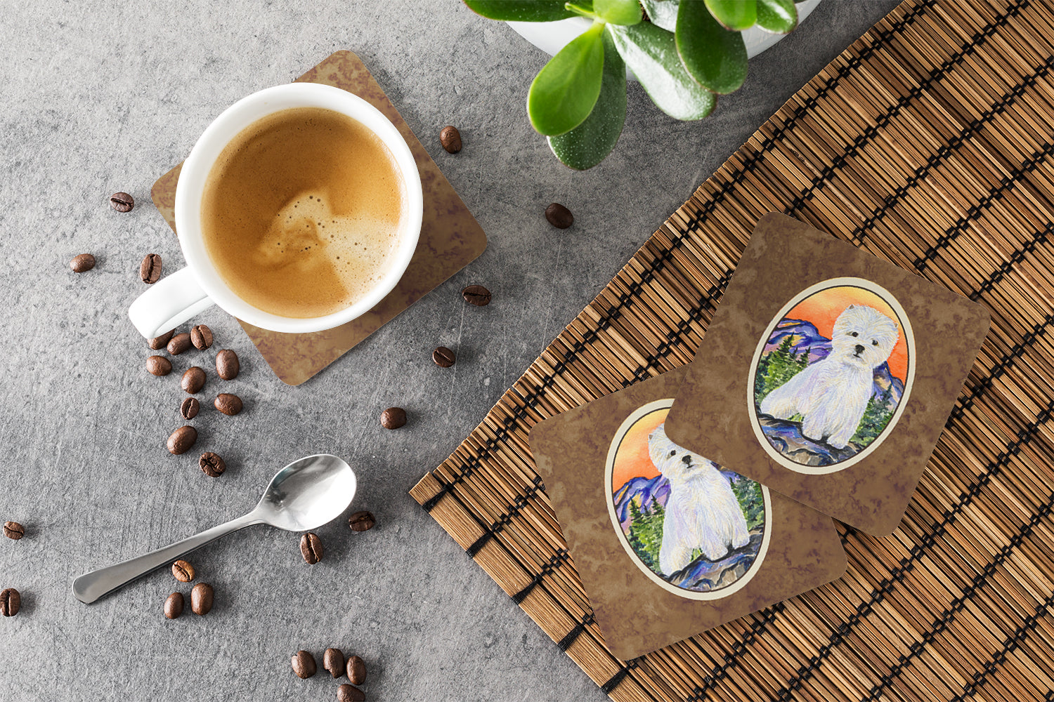 Westie Foam Coasters Set of 4 Cup Coasters for Indoor Outdoor, Tabletop Protection, Anti Slip, Mouse pad Material