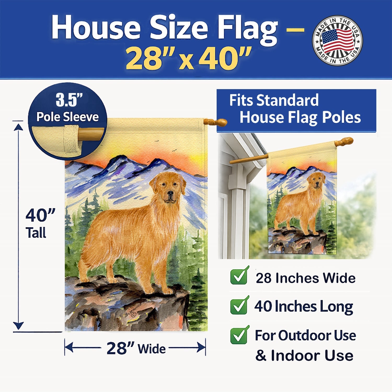 Golden Retriever House Flag 28x40 Porch Sleeve Pole Decorative Outside Yard Banner Artwork Wall Hanging, Polyester