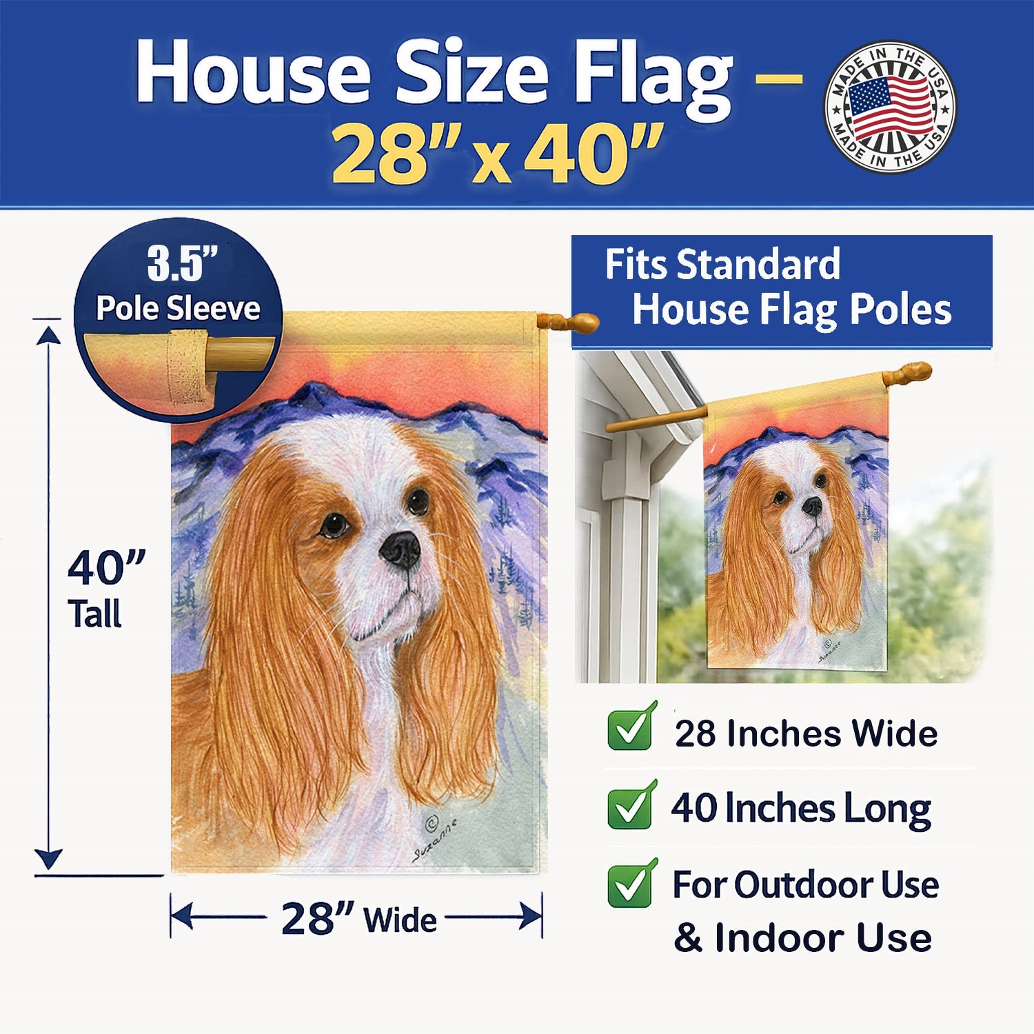 Cavalier Spaniel House Flag 28x40 Porch Sleeve Pole Decorative Outside Yard Banner Artwork Wall Hanging, Polyester