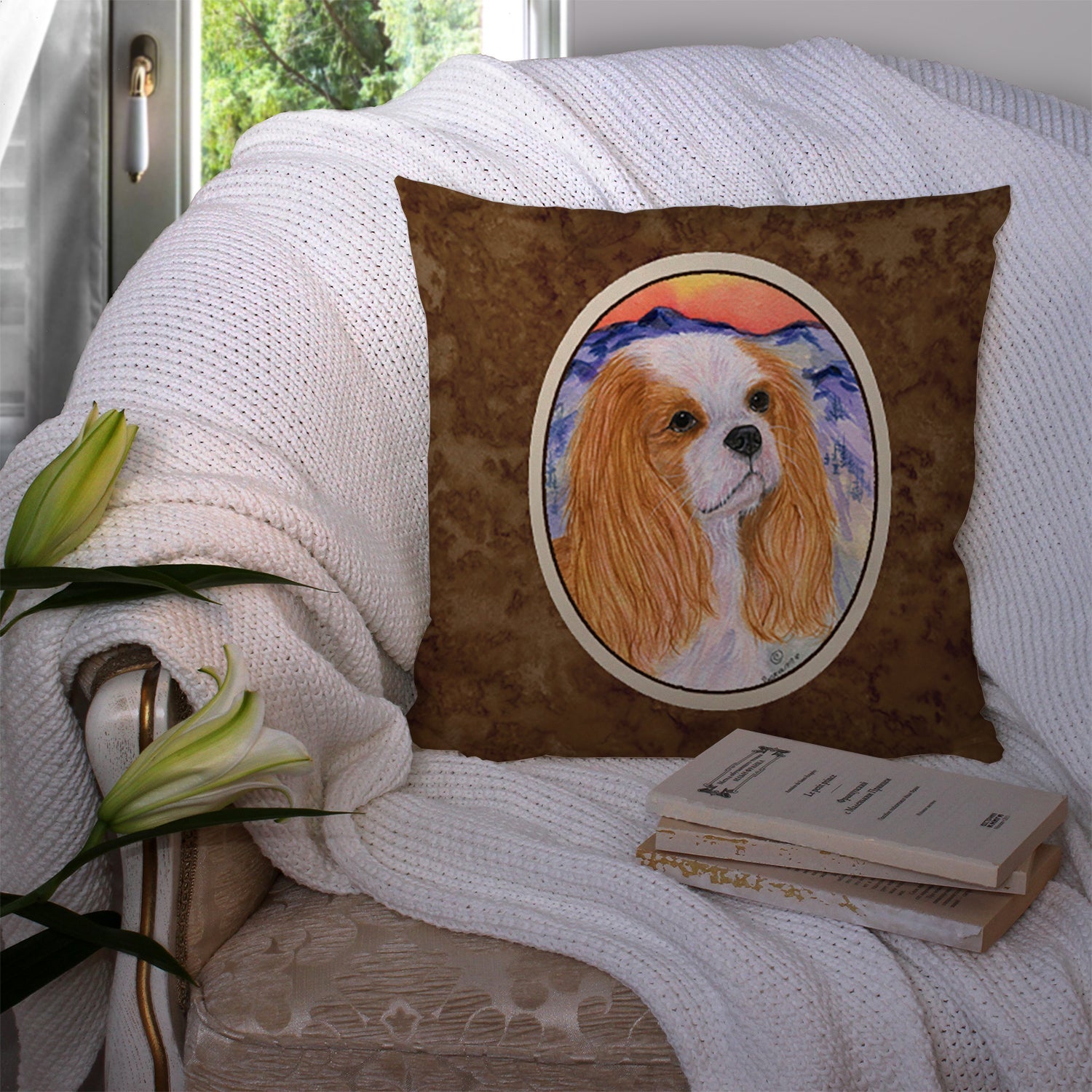 Cavalier Spaniel Decorative Throw Pillow 14x14 Indoor Outdoor Accent Cushion, Fabric Cover with Insert for Sofa, Bed, Porch & Living Room