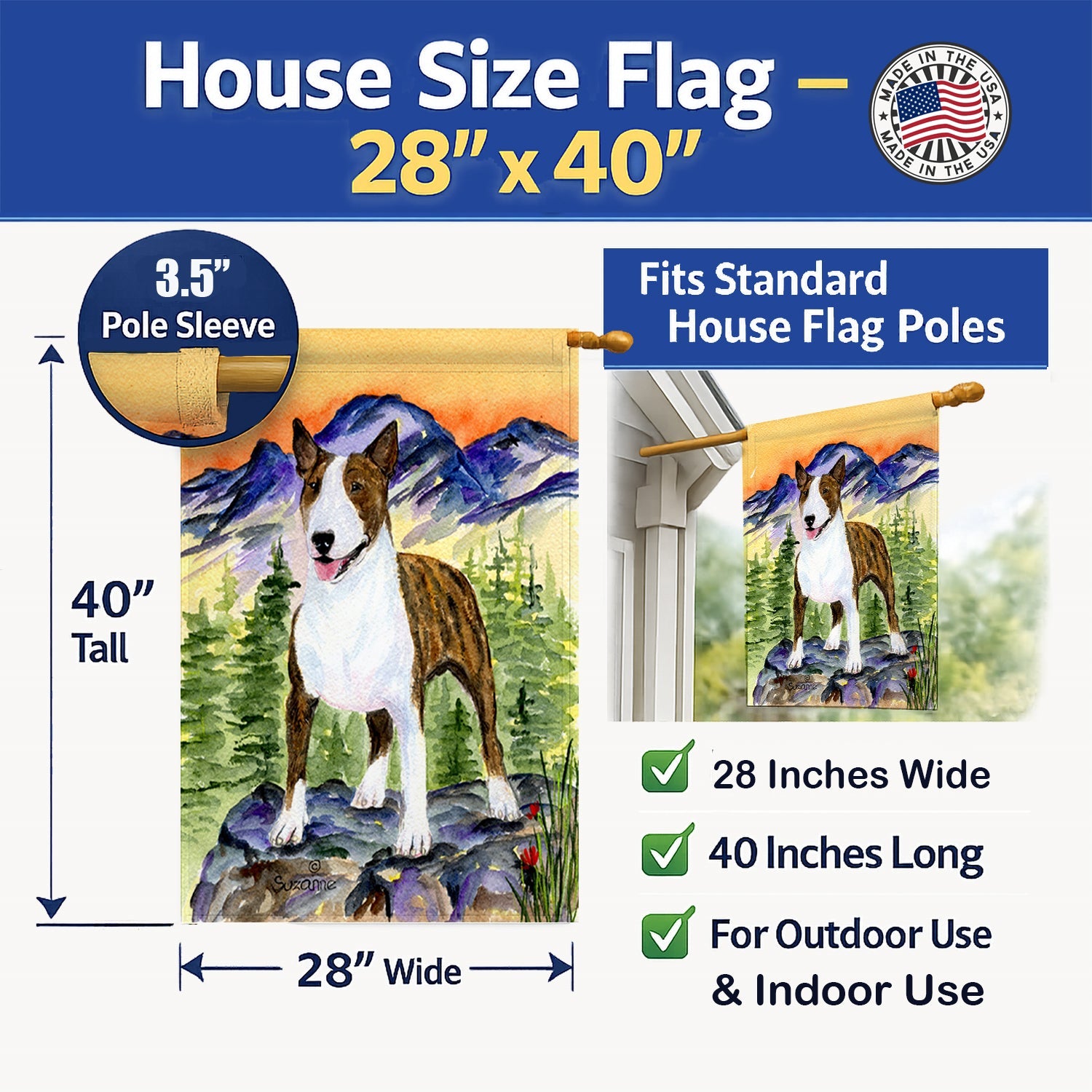 Bull Terrier House Flag 28x40 Porch Sleeve Pole Decorative Outside Yard Banner Artwork Wall Hanging, Polyester