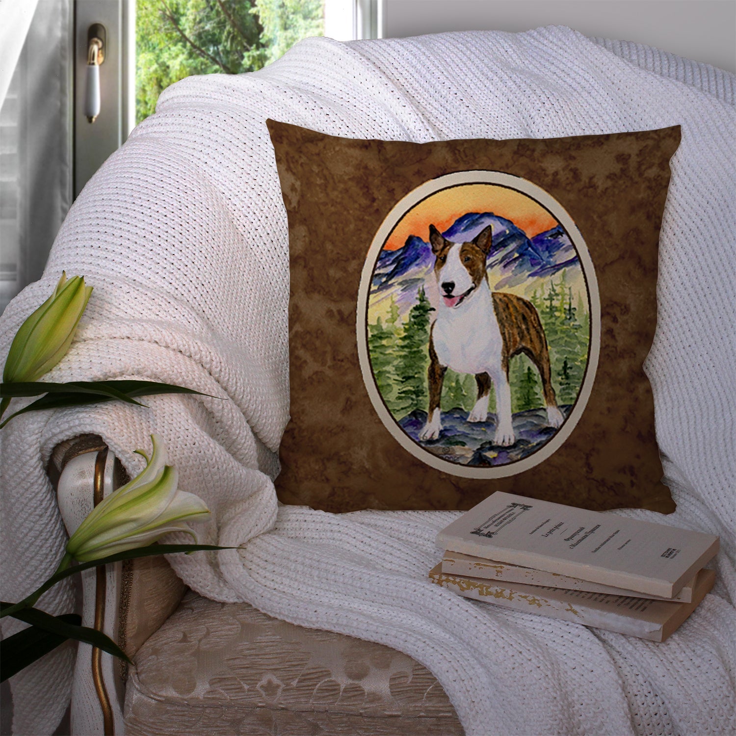 Bull Terrier Decorative Throw Pillow 14x14 Indoor Outdoor Accent Cushion, Fabric Cover with Insert for Sofa, Bed, Porch & Living Room