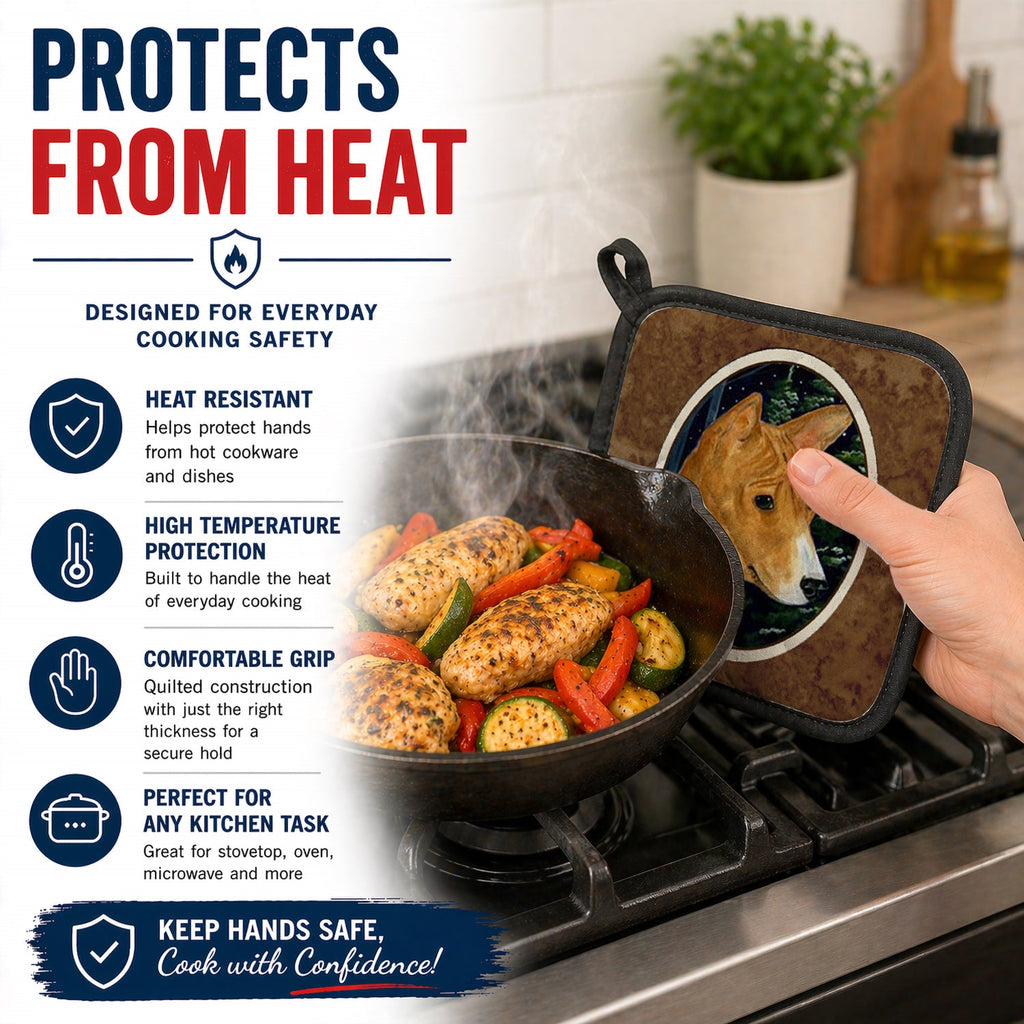 Basenji Pot Holder Set of 2 Heat Resistant Quilted Hot Pads 7.5 x 7.5 Inch, Insulated Kitchen Trivets for Cooking & Baking