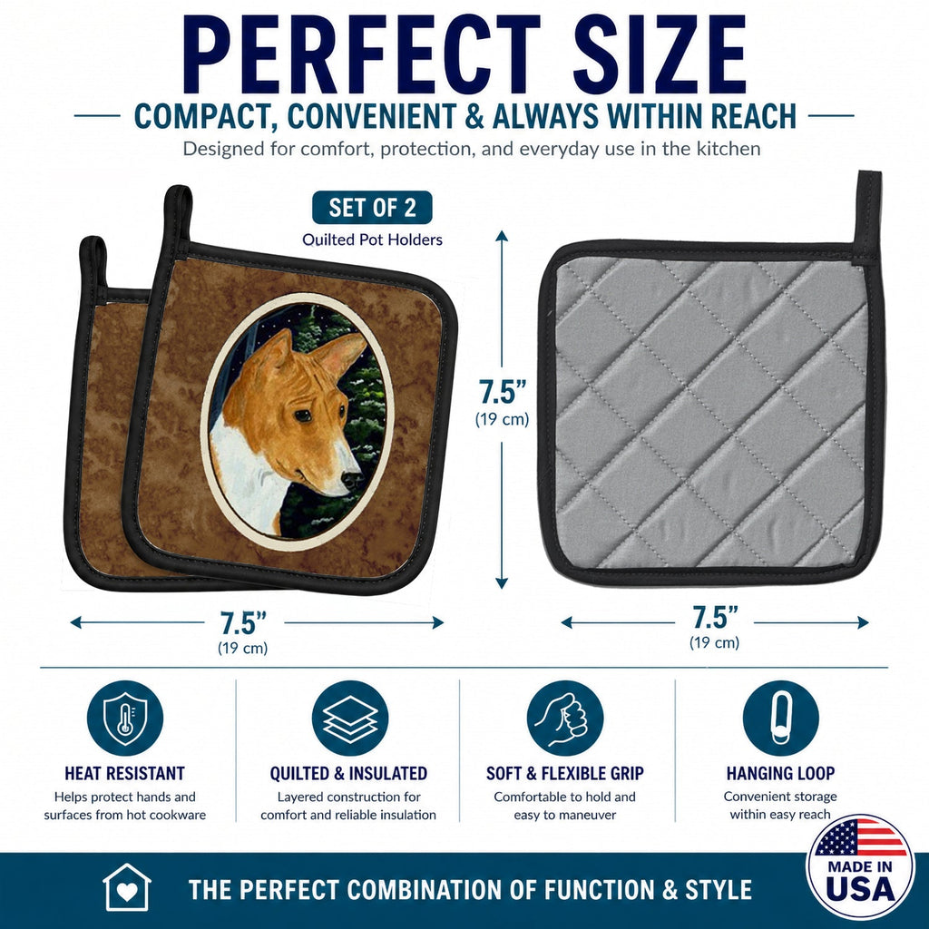 Basenji Pot Holder Set of 2 Heat Resistant Quilted Hot Pads 7.5 x 7.5 Inch, Insulated Kitchen Trivets for Cooking & Baking