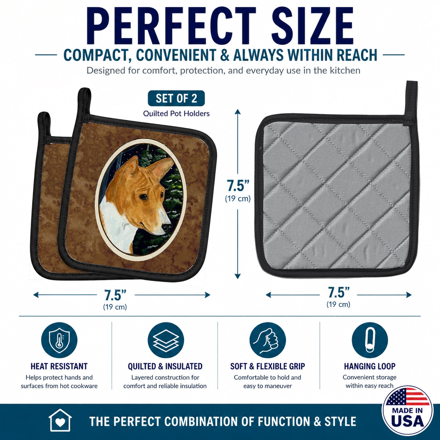 Basenji Pot Holder Set of 2 Heat Resistant Quilted Hot Pads 7.5 x 7.5 Inch, Insulated Kitchen Trivets for Cooking & Baking
