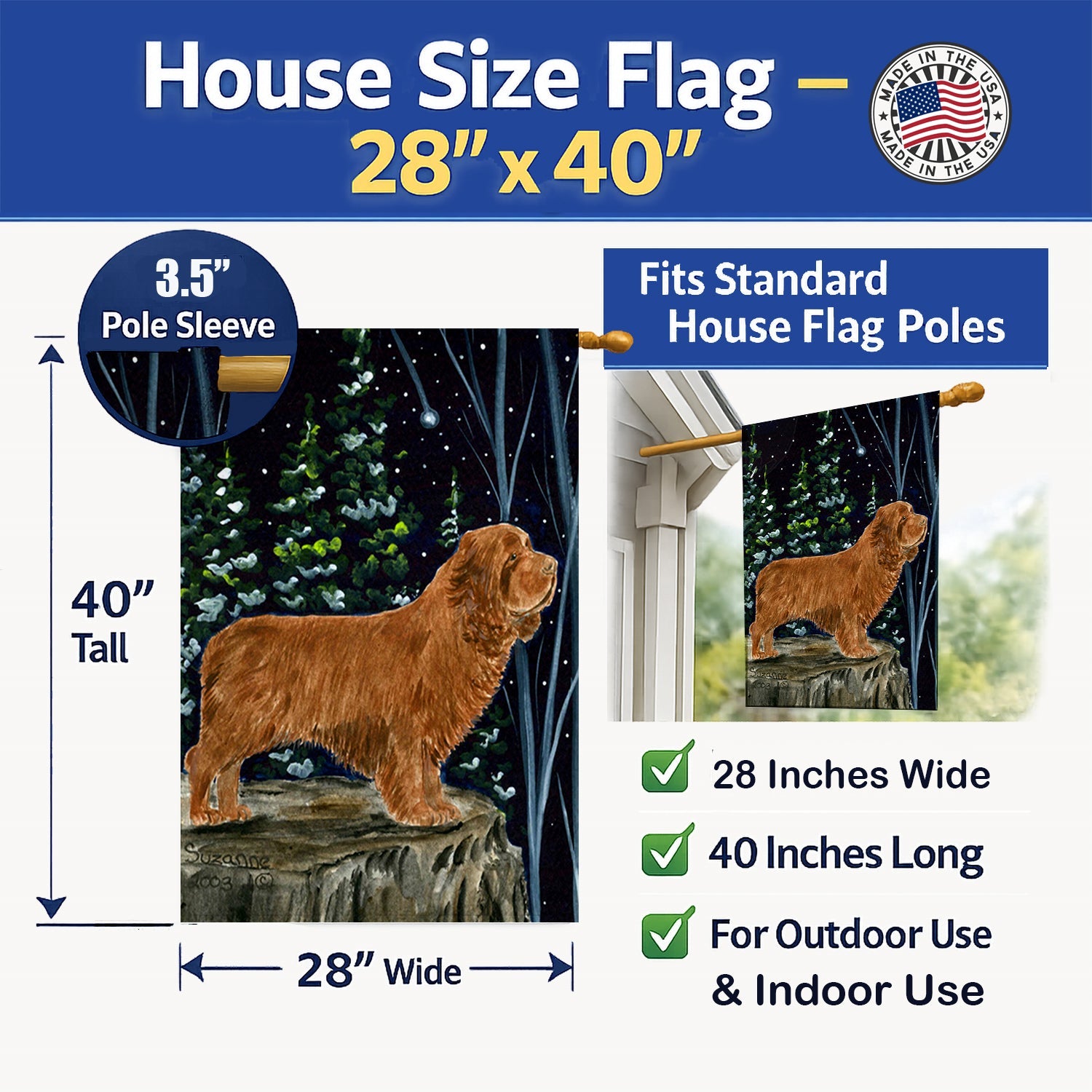 Sussex Spaniel House Flag 28x40 Porch Sleeve Pole Decorative Outside Yard Banner Artwork Wall Hanging, Polyester
