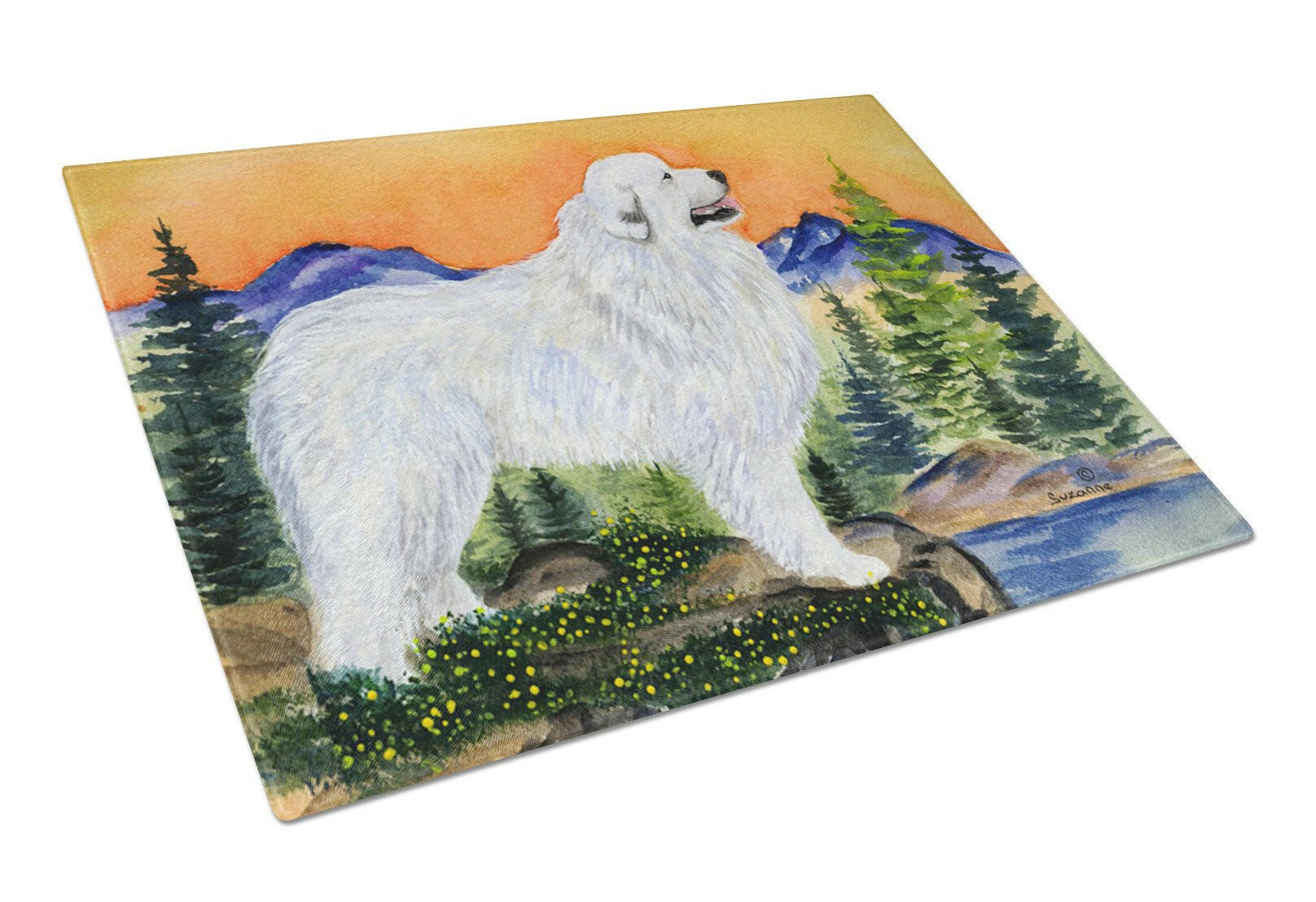 Great Pyrenees Cutting Board Tempered Glass Kitchen Cutting Surface, Heat Resistant Chopping, Non-Slip Feet, Food Prep & Serving