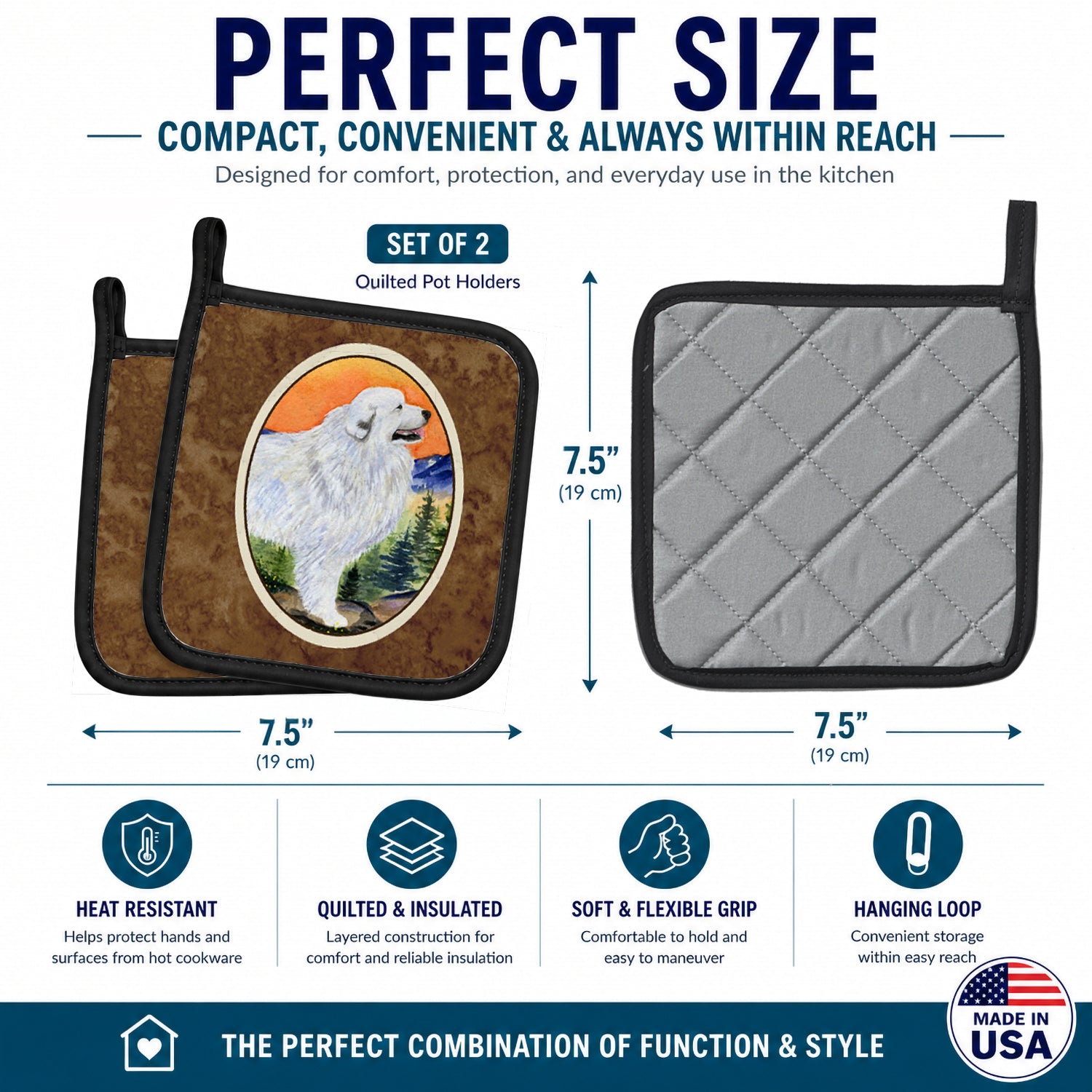 Great Pyrenees Pot Holder Set of 2 Heat Resistant Quilted Hot Pads 7.5 x 7.5 Inch, Insulated Kitchen Trivets for Cooking & Baking