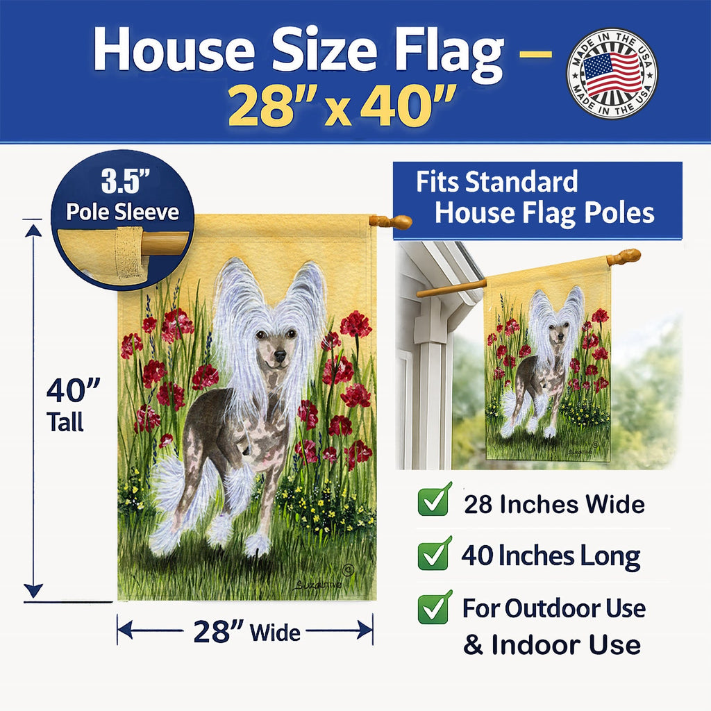 Chinese Crested House Flag 28x40 Porch Sleeve Pole Decorative Outside Yard Banner Artwork Wall Hanging, Polyester