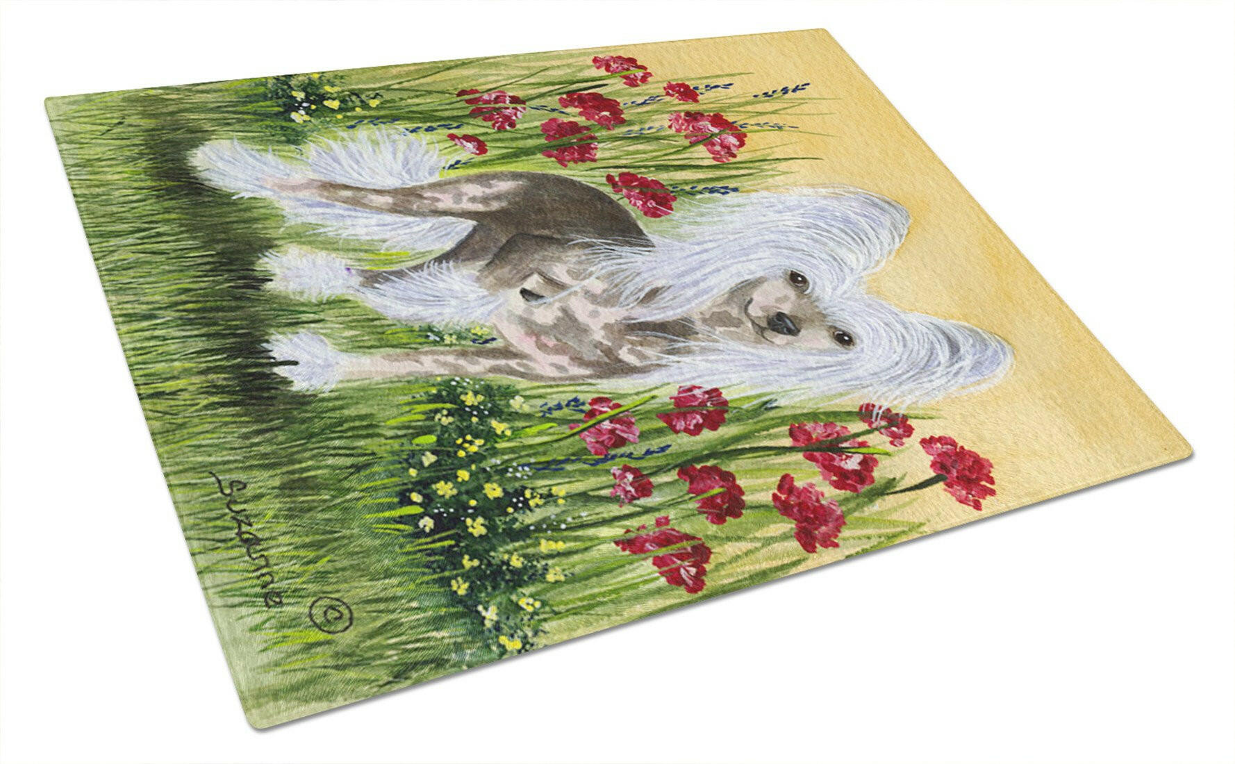 Chinese Crested Cutting Board Tempered Glass Kitchen Cutting Surface, Heat Resistant Chopping, Non-Slip Feet, Food Prep & Serving