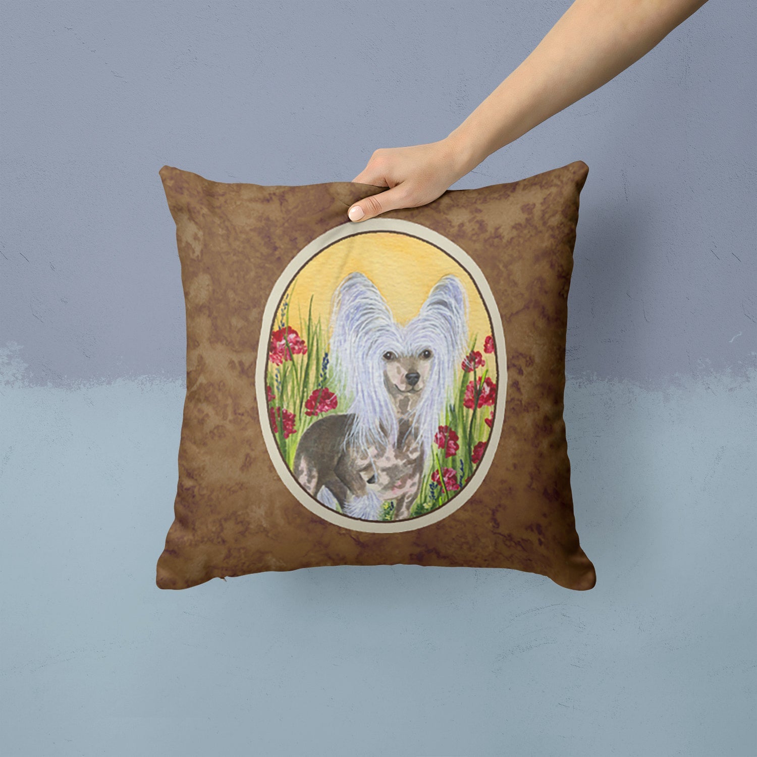 Chinese Crested Decorative Throw Pillow 14x14 Indoor Outdoor Accent Cushion, Fabric Cover with Insert for Sofa, Bed, Porch & Living Room