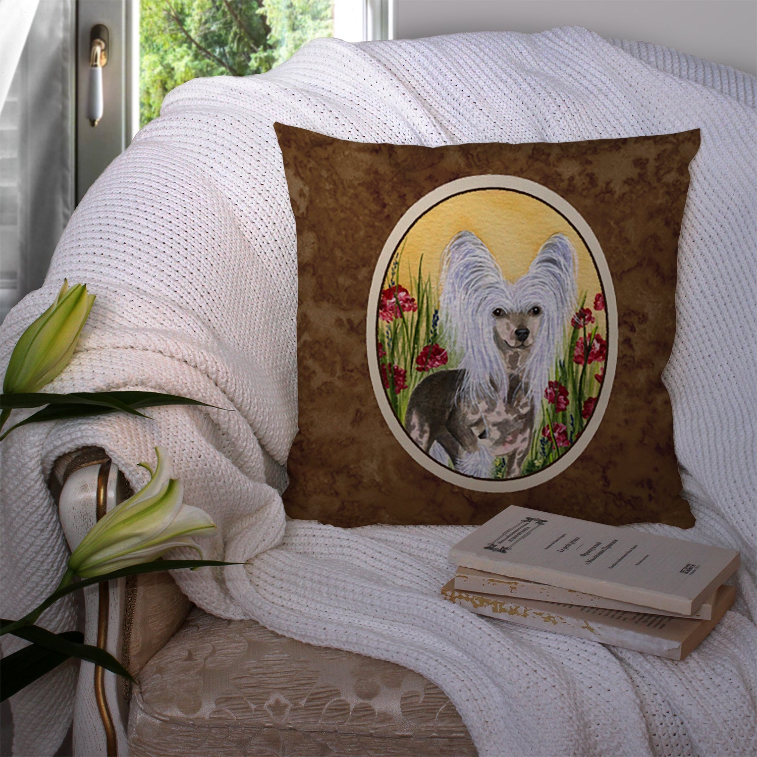 Chinese Crested Decorative Throw Pillow 14x14 Indoor Outdoor Accent Cushion, Fabric Cover with Insert for Sofa, Bed, Porch & Living Room