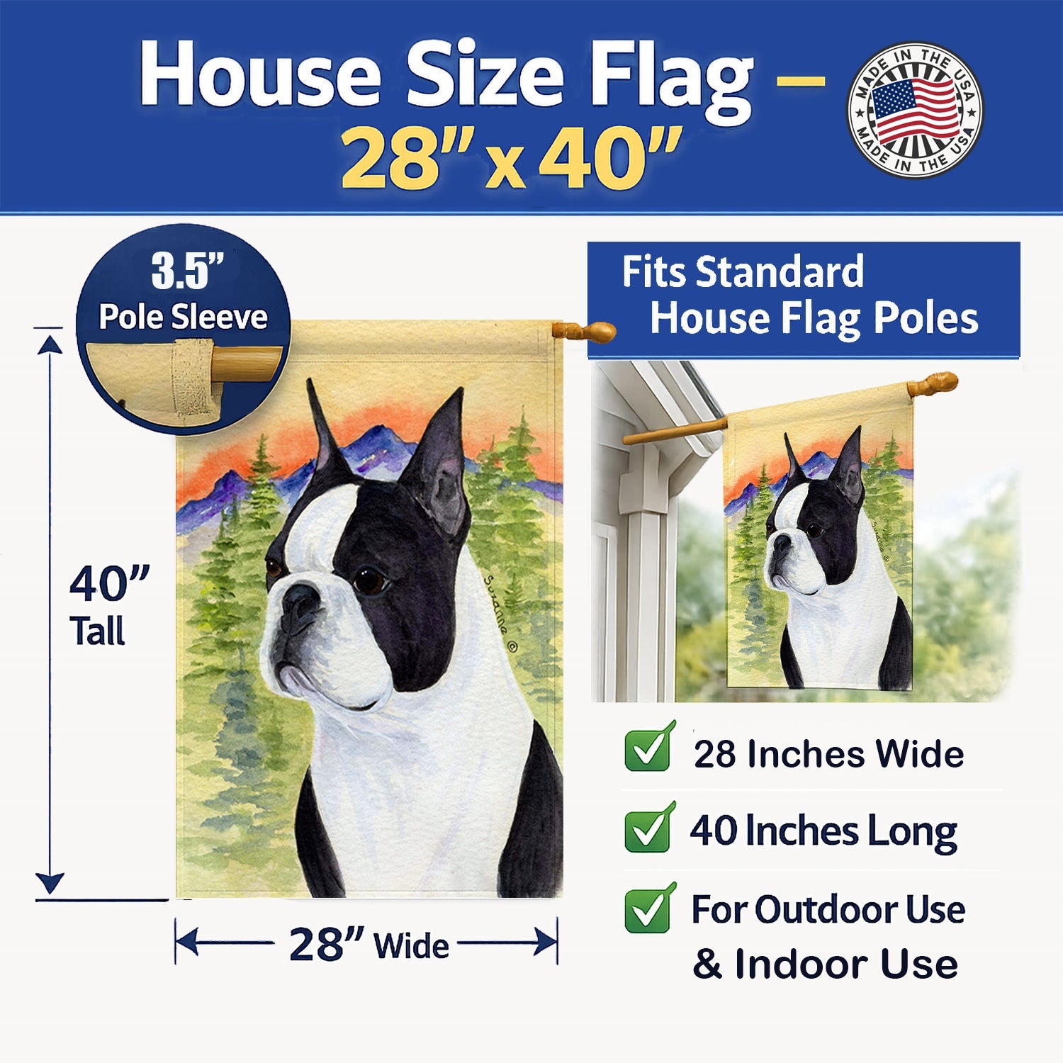 Boston Terrier House Flag 28x40 Porch Sleeve Pole Decorative Outside Yard Banner Artwork Wall Hanging, Polyester