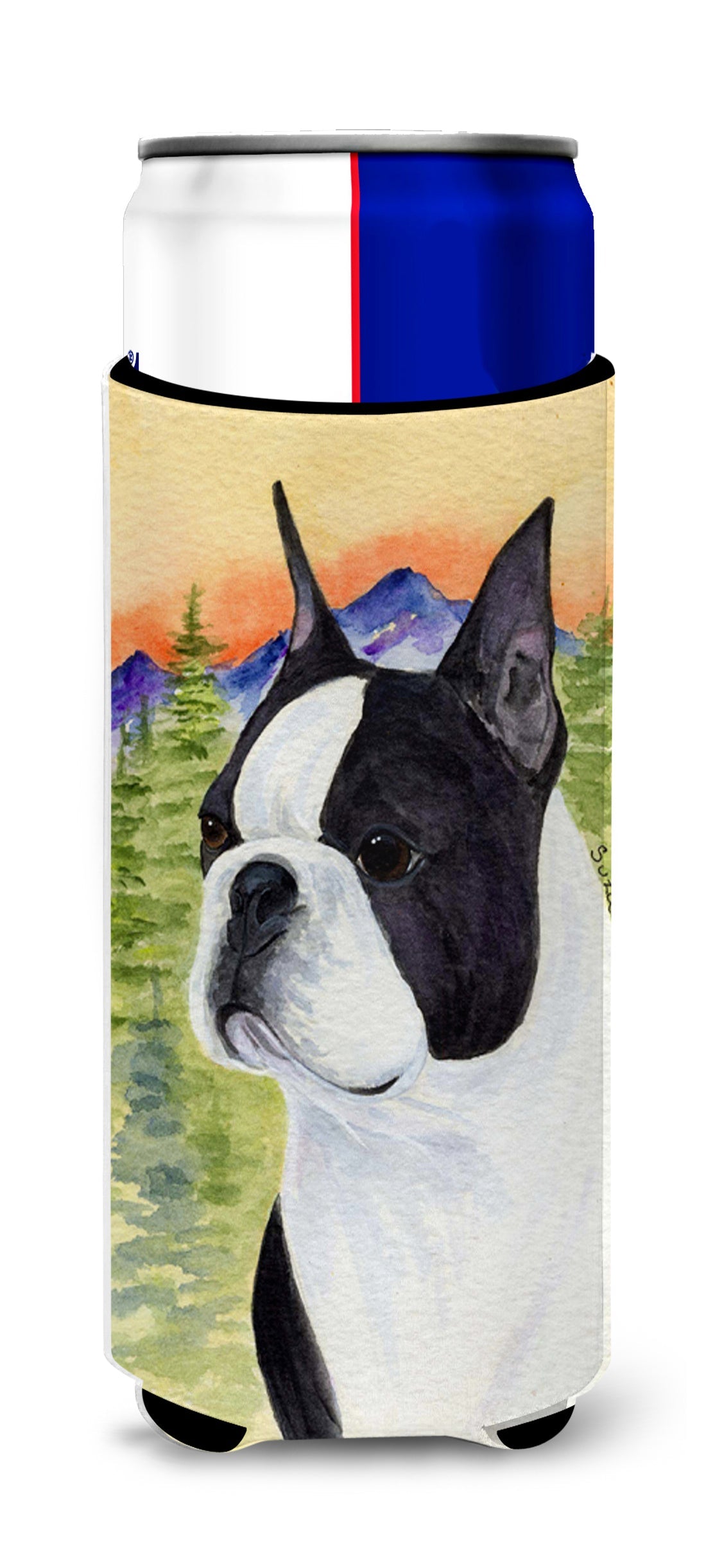 Boston Terrier Slim Can Hugger , Insulated Foam Hugger for 12 oz Slim Cans, Beer Bottles & Water Bottles, Printed in USA