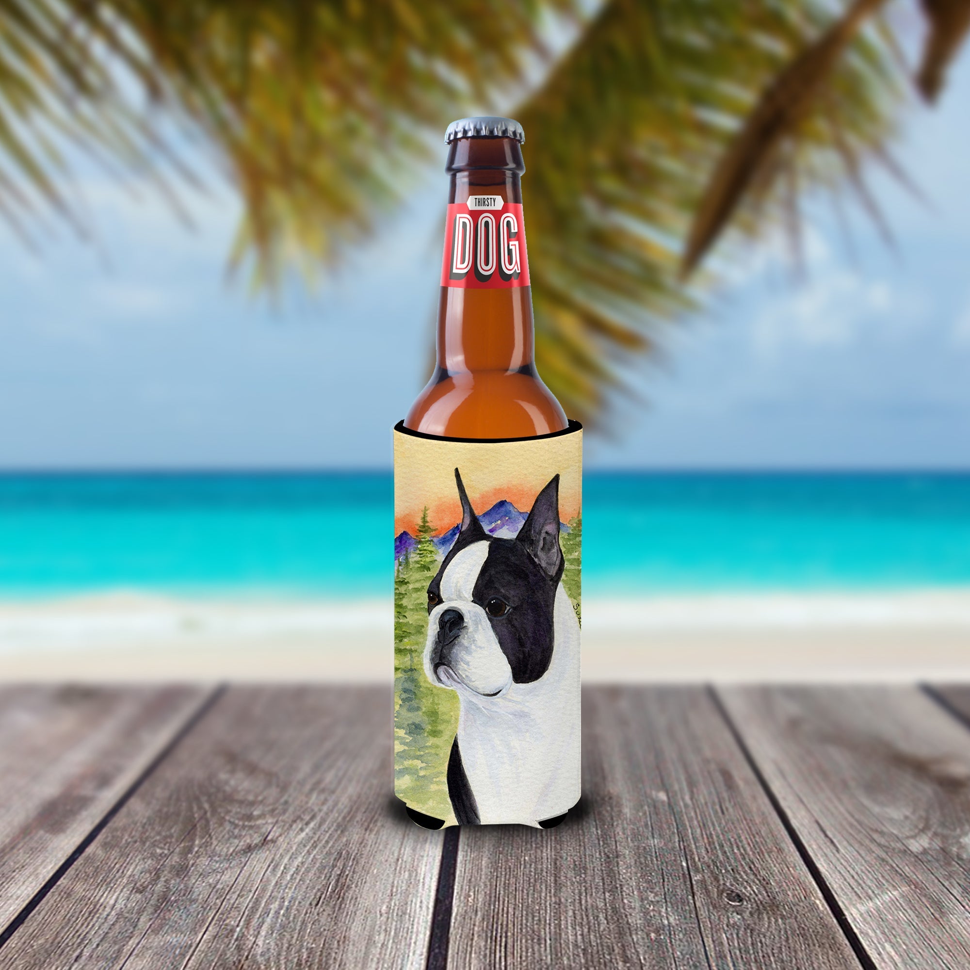 Boston Terrier Slim Can Hugger , Insulated Foam Hugger for 12 oz Slim Cans, Beer Bottles & Water Bottles, Printed in USA