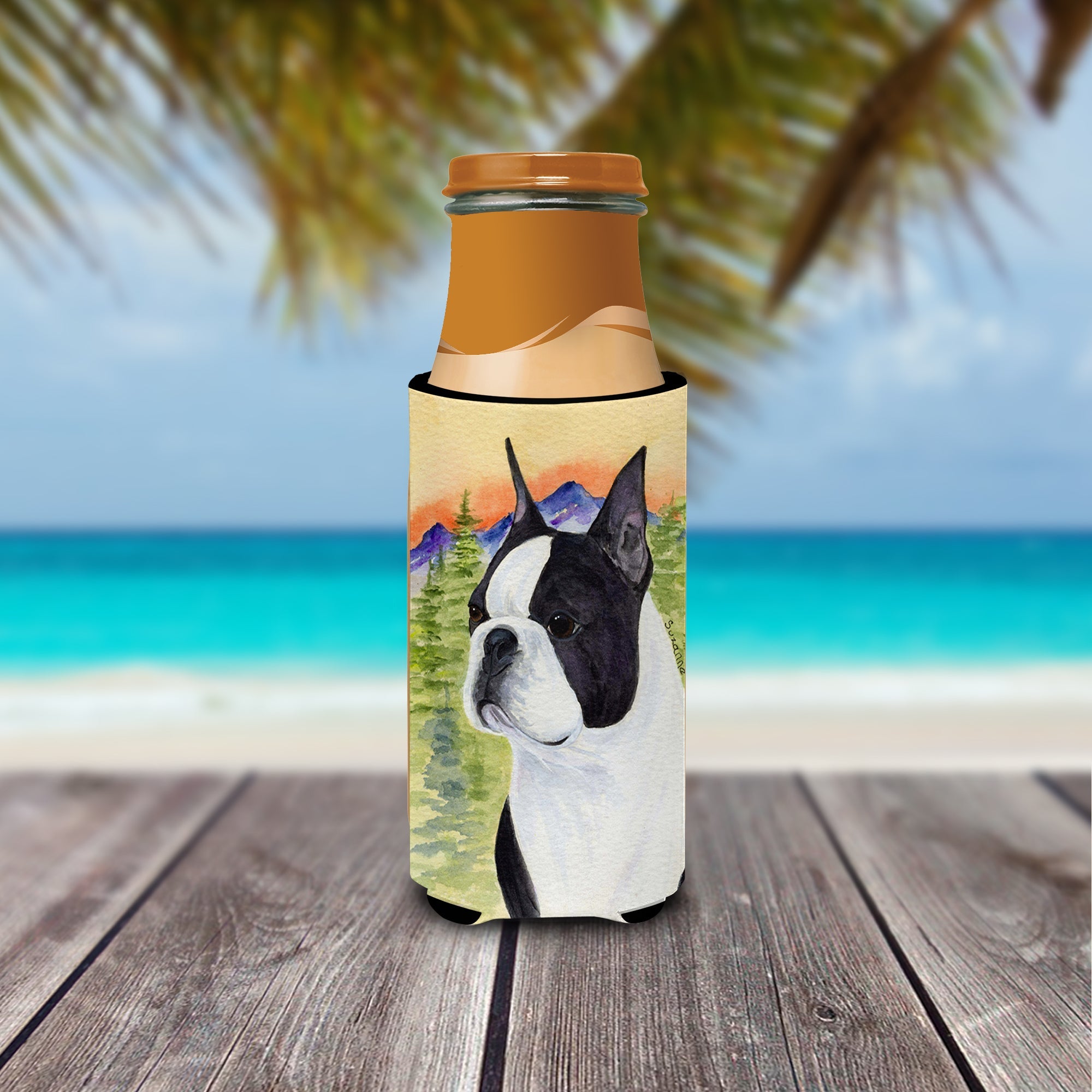 Boston Terrier Slim Can Hugger , Insulated Foam Hugger for 12 oz Slim Cans, Beer Bottles & Water Bottles, Printed in USA