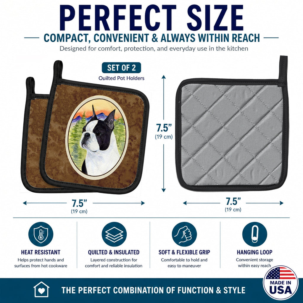Boston Terrier Pot Holder Set of 2 Heat Resistant Quilted Hot Pads 7.5 x 7.5 Inch, Insulated Kitchen Trivets for Cooking & Baking