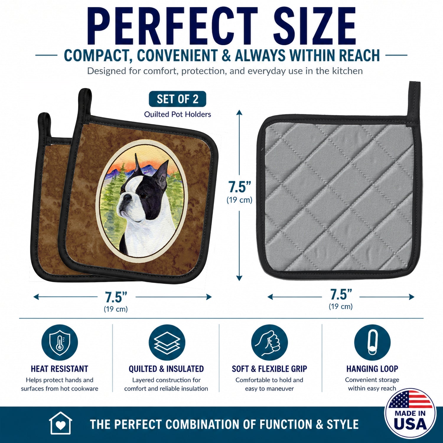 Boston Terrier Pot Holder Set of 2 Heat Resistant Quilted Hot Pads 7.5 x 7.5 Inch, Insulated Kitchen Trivets for Cooking & Baking