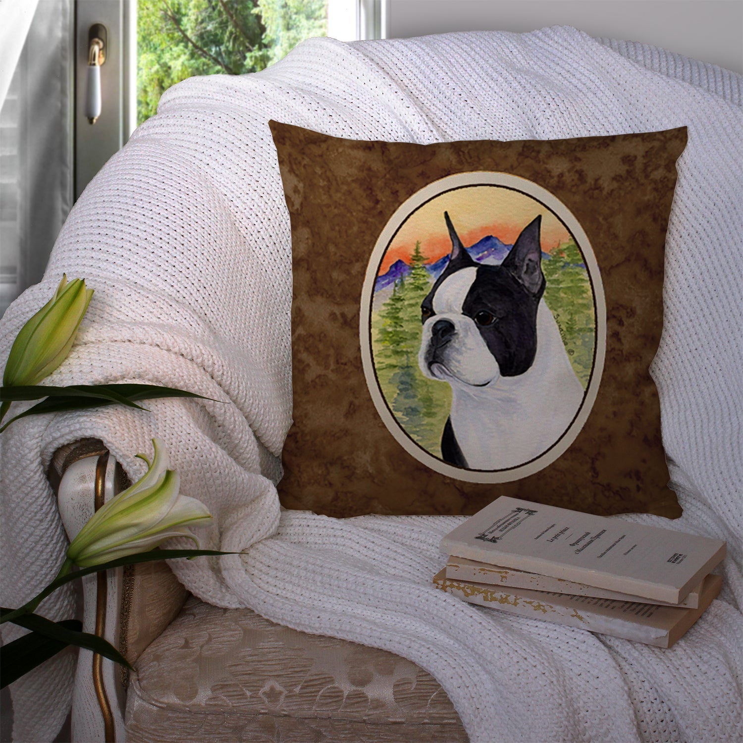 Boston Terrier Decorative Throw Pillow 14x14 Indoor Outdoor Accent Cushion, Fabric Cover with Insert for Sofa, Bed, Porch & Living Room