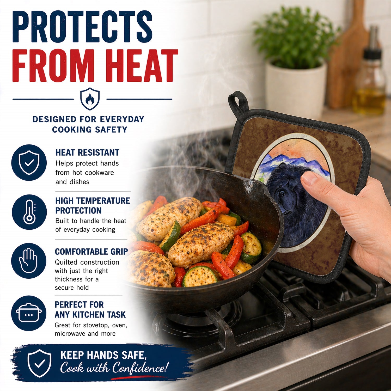 Chow Chow Pot Holder Set of 2 Heat Resistant Quilted Hot Pads 7.5 x 7.5 Inch, Insulated Kitchen Trivets for Cooking & Baking