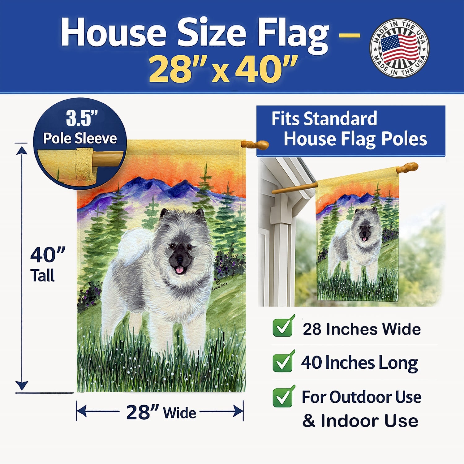 Keeshond House Flag 28x40 Porch Sleeve Pole Decorative Outside Yard Banner Artwork Wall Hanging, Polyester