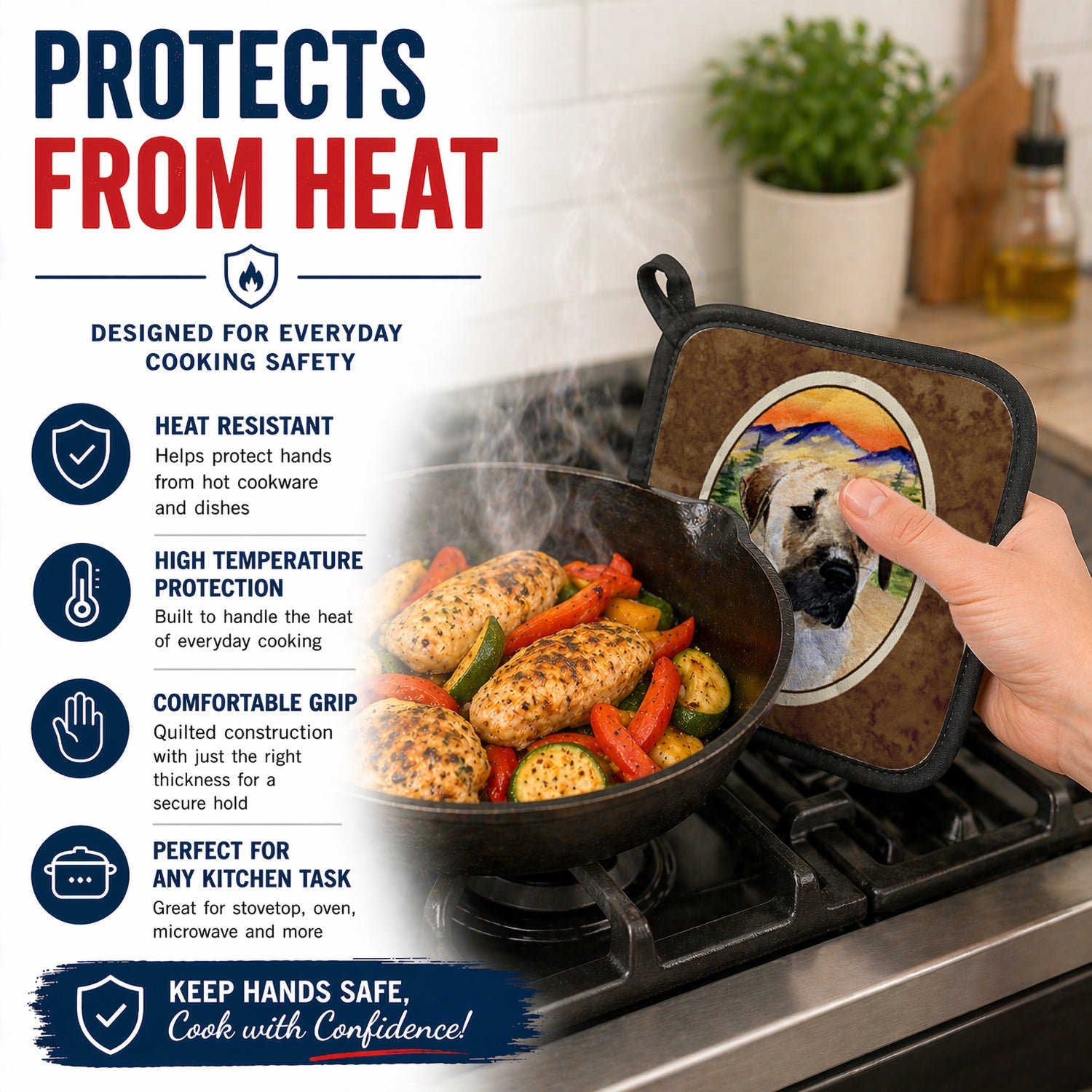 Anatolian Shepherd Pot Holder Set of 2 Heat Resistant Quilted Hot Pads 7.5 x 7.5 Inch, Insulated Kitchen Trivets for Cooking & Baking
