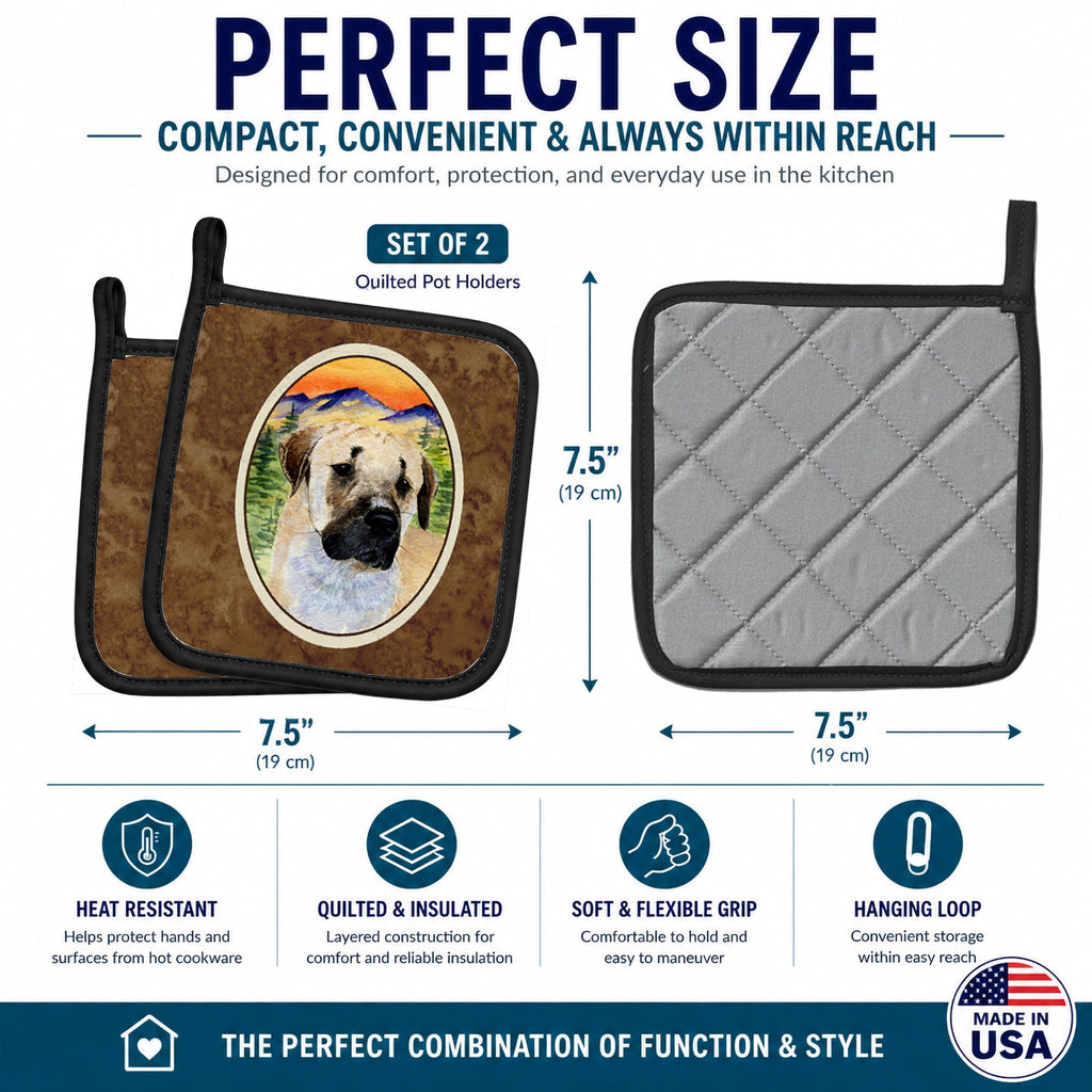 Anatolian Shepherd Pot Holder Set of 2 Heat Resistant Quilted Hot Pads 7.5 x 7.5 Inch, Insulated Kitchen Trivets for Cooking & Baking
