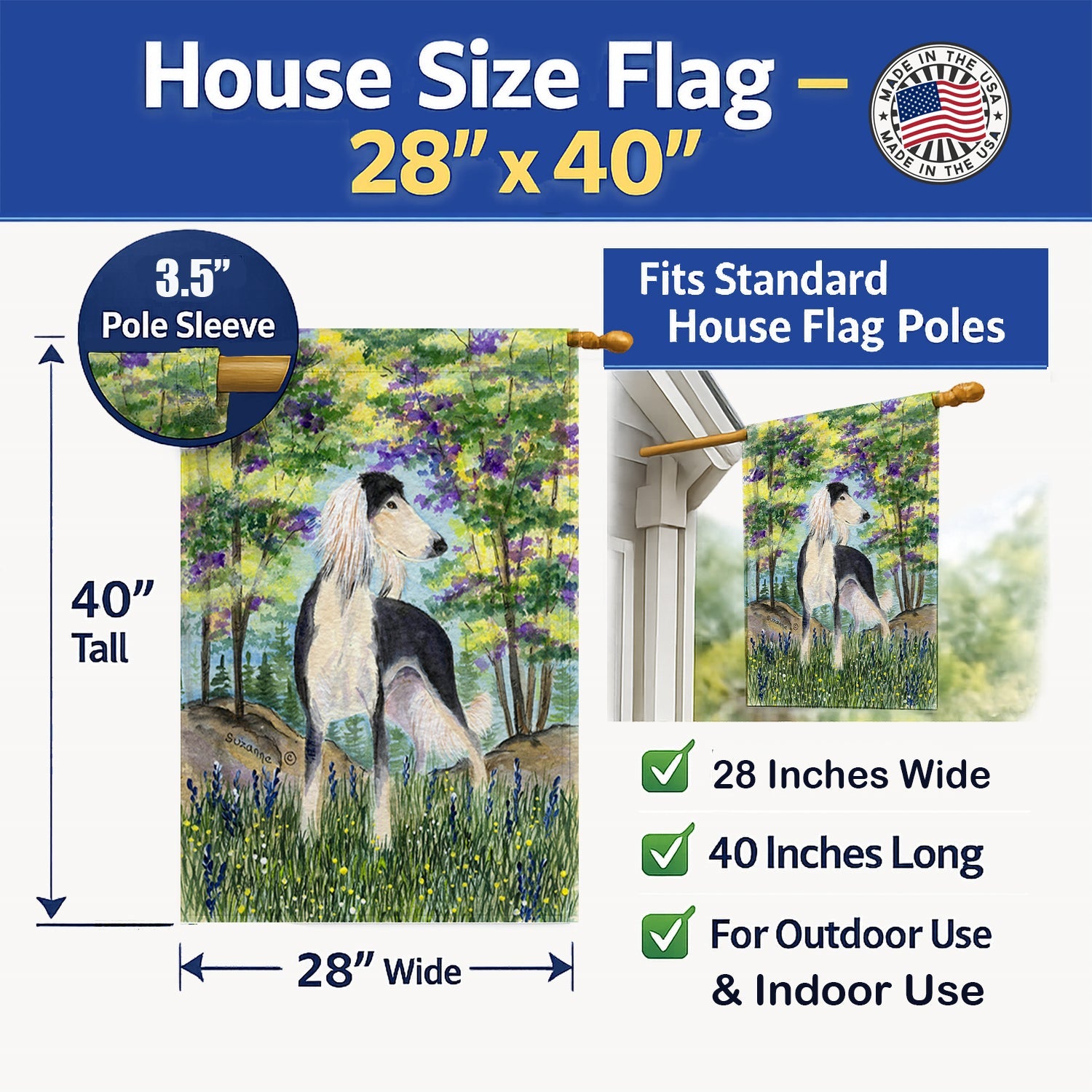 Saluki House Flag 28x40 Porch Sleeve Pole Decorative Outside Yard Banner Artwork Wall Hanging, Polyester