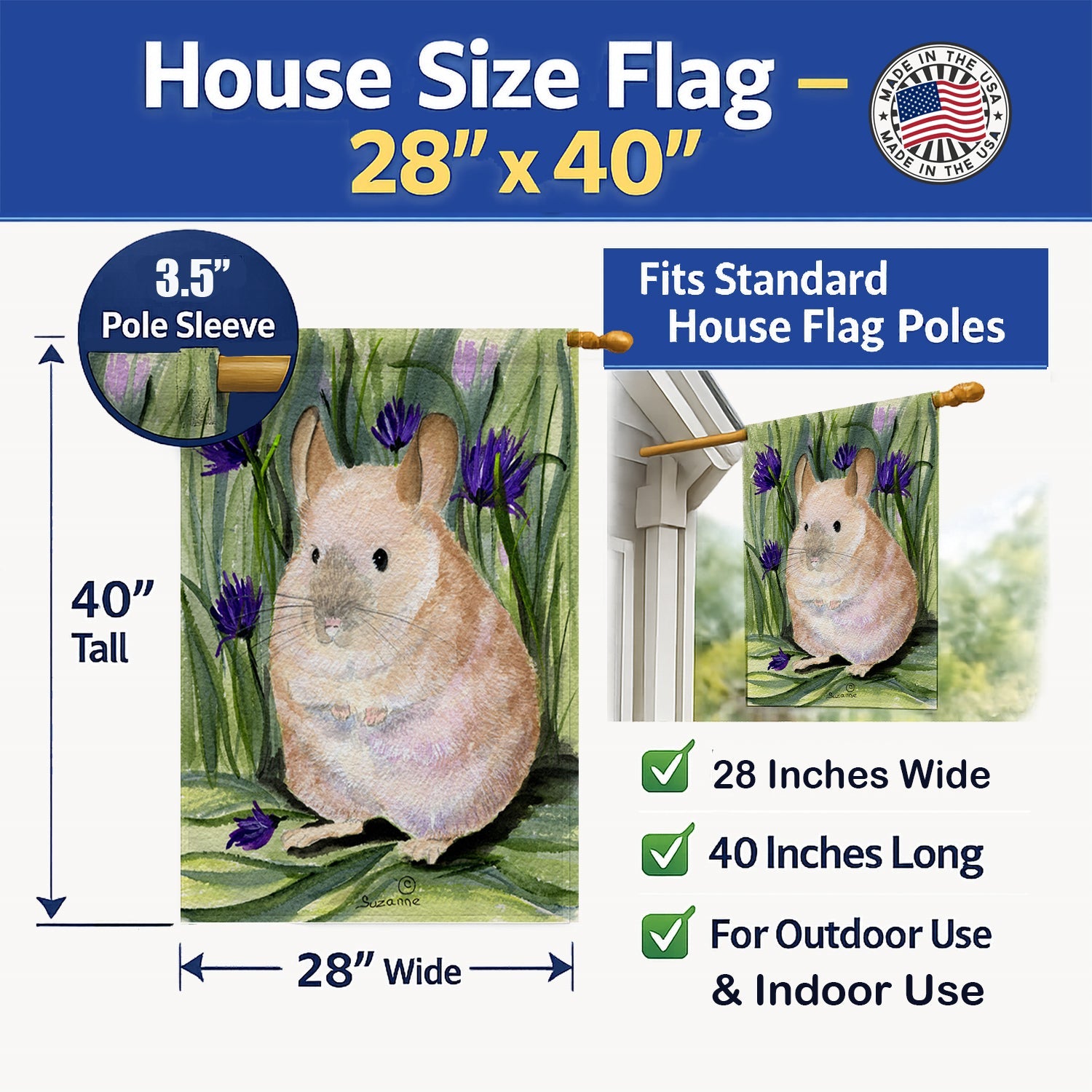 Chinchilla House Flag 28x40 Porch Sleeve Pole Decorative Outside Yard Banner Artwork Wall Hanging, Polyester