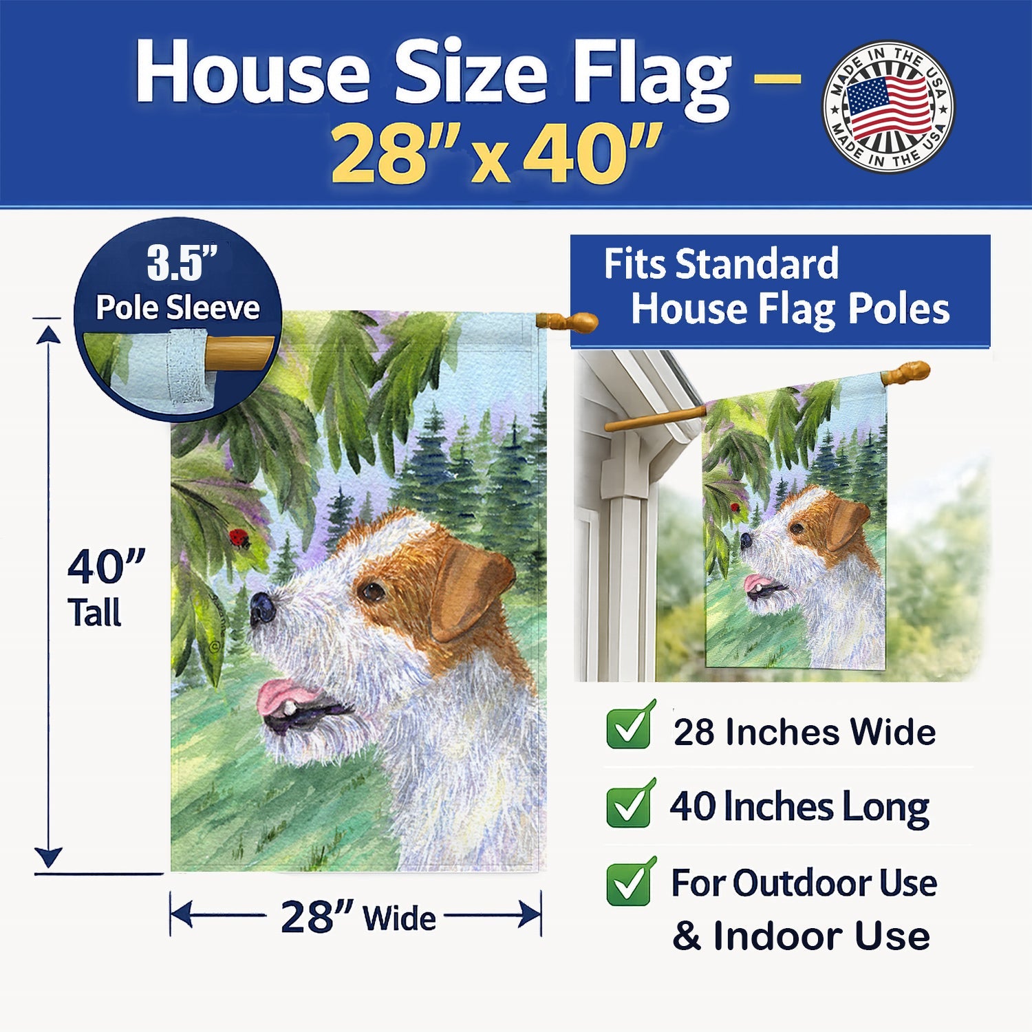 Jack Russell Terrier House Flag 28x40 Porch Sleeve Pole Decorative Outside Yard Banner Artwork Wall Hanging, Polyester