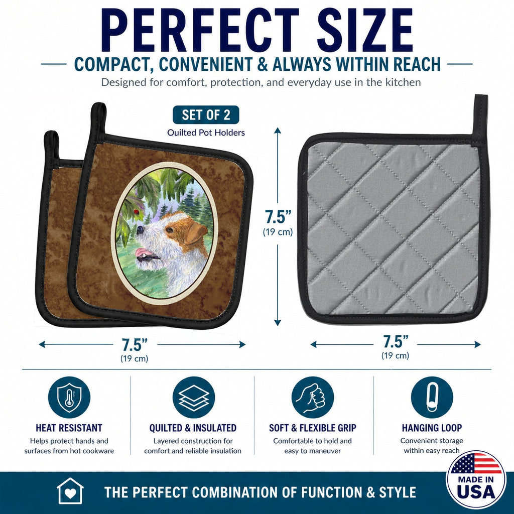 Jack Russell Terrier Pot Holder Set of 2 Heat Resistant Quilted Hot Pads 7.5 x 7.5 Inch, Insulated Kitchen Trivets for Cooking & Baking