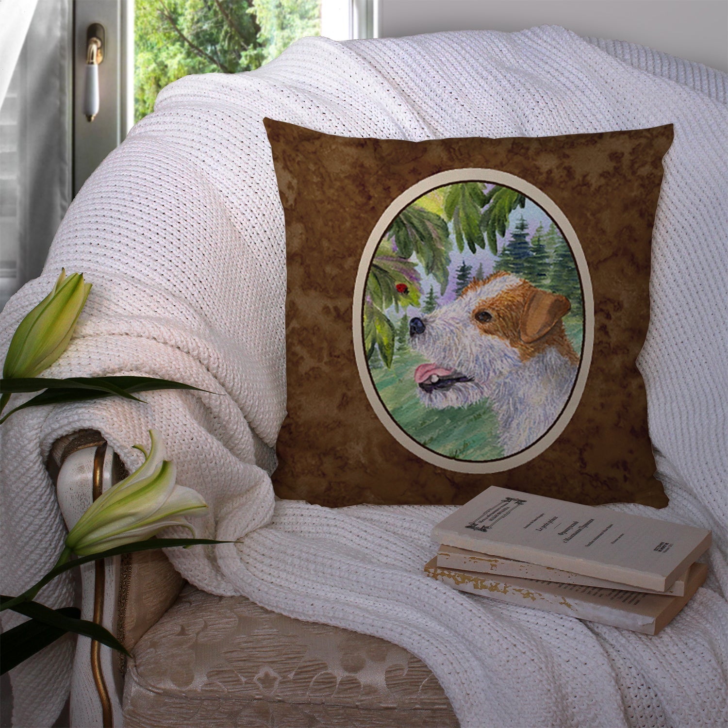 Jack Russell Terrier Decorative Throw Pillow 14x14 Indoor Outdoor Accent Cushion, Fabric Cover with Insert for Sofa, Bed, Porch & Living Room